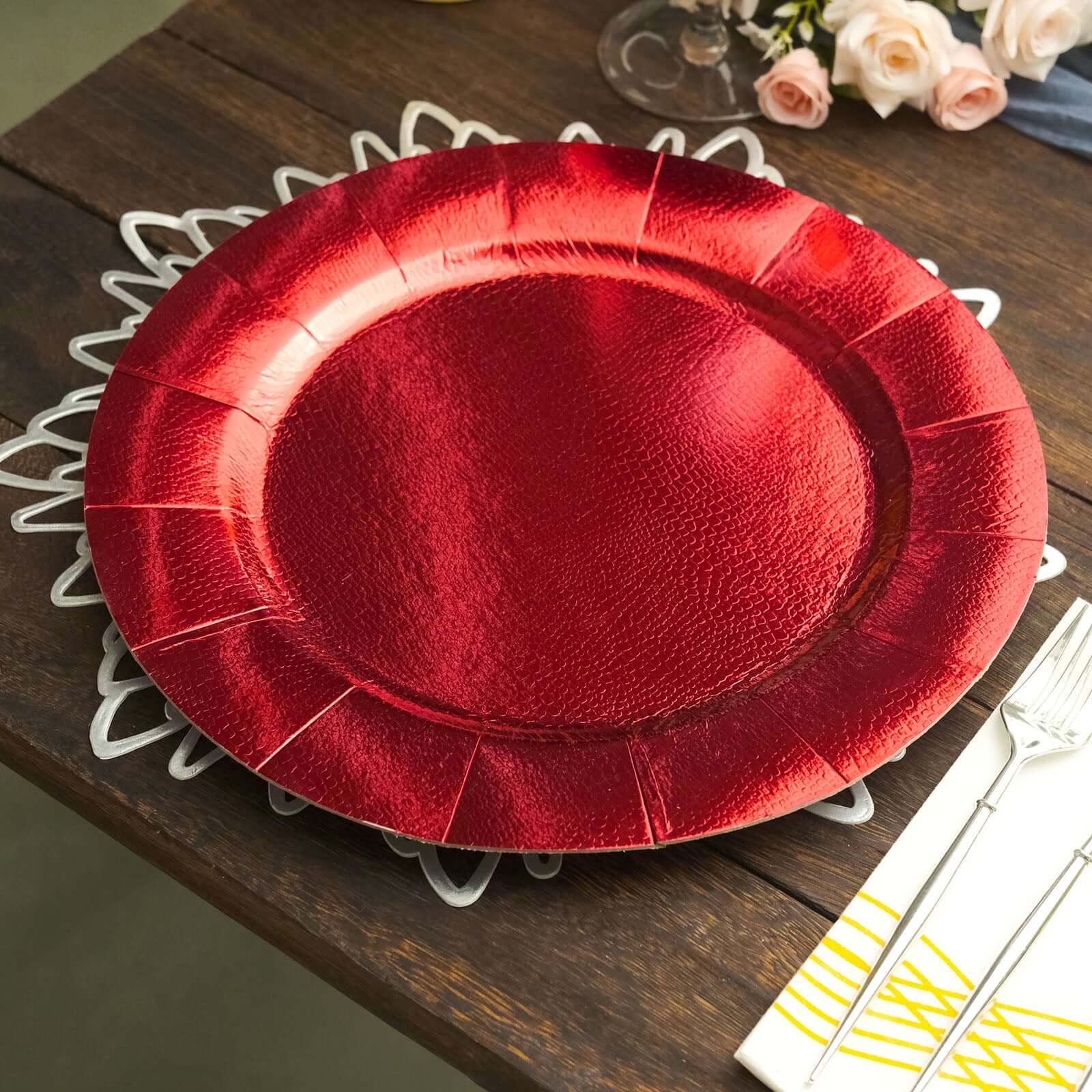 10-Pack Disposable Round Charger Plates 13" Red with Leathery Texture - 1100GSM Sturdy Cardboard Placemats - Image 2