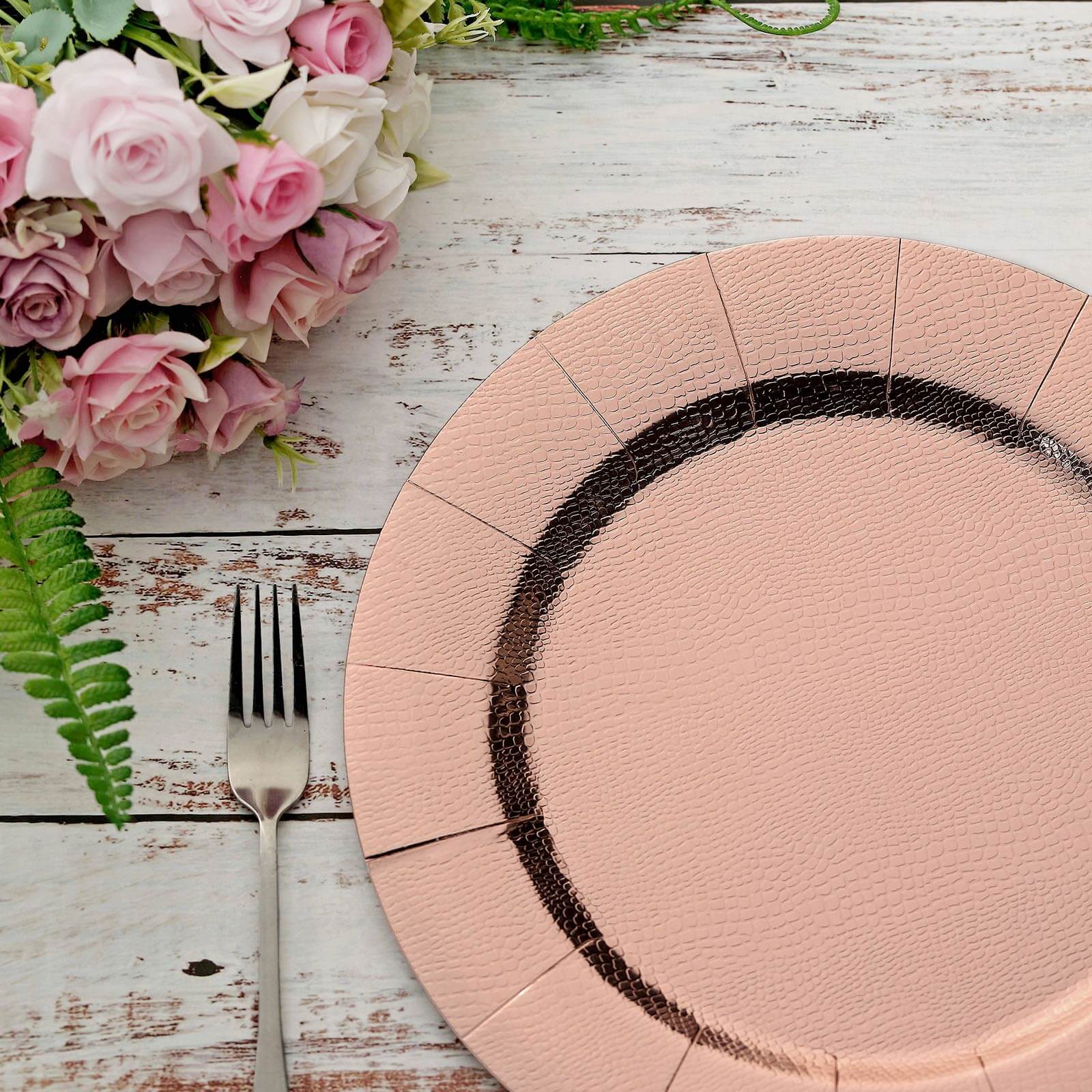 10-Pack Disposable Round Charger Plates 13" Rose Gold with Leathery Texture - 1100GSM Sturdy Cardboard Placemats - Image 2