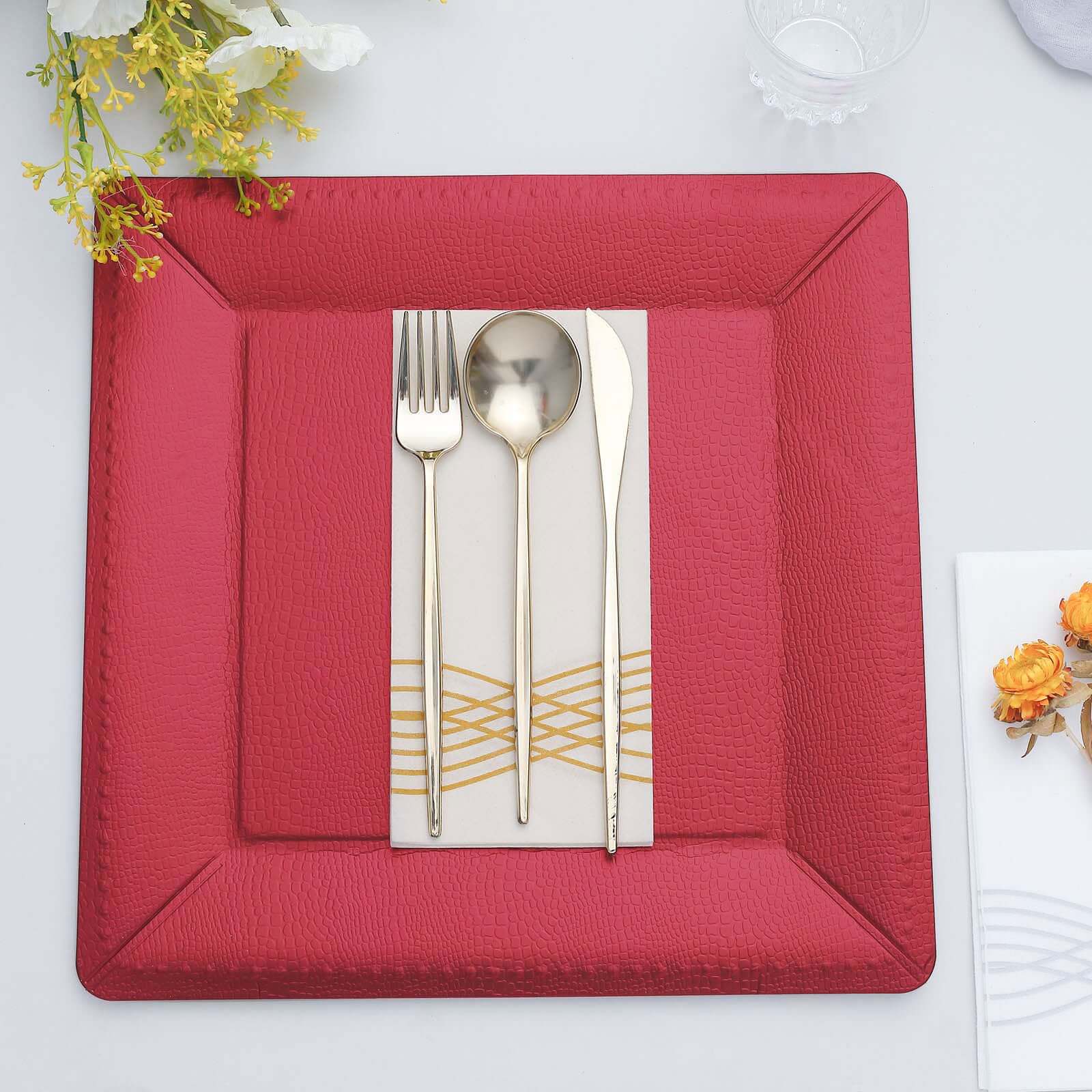 10-Pack Disposable Square Charger Plates 13" Burgundy with Leather Like Texture - 1100GSM Sturdy Paper Chargers - Image 2
