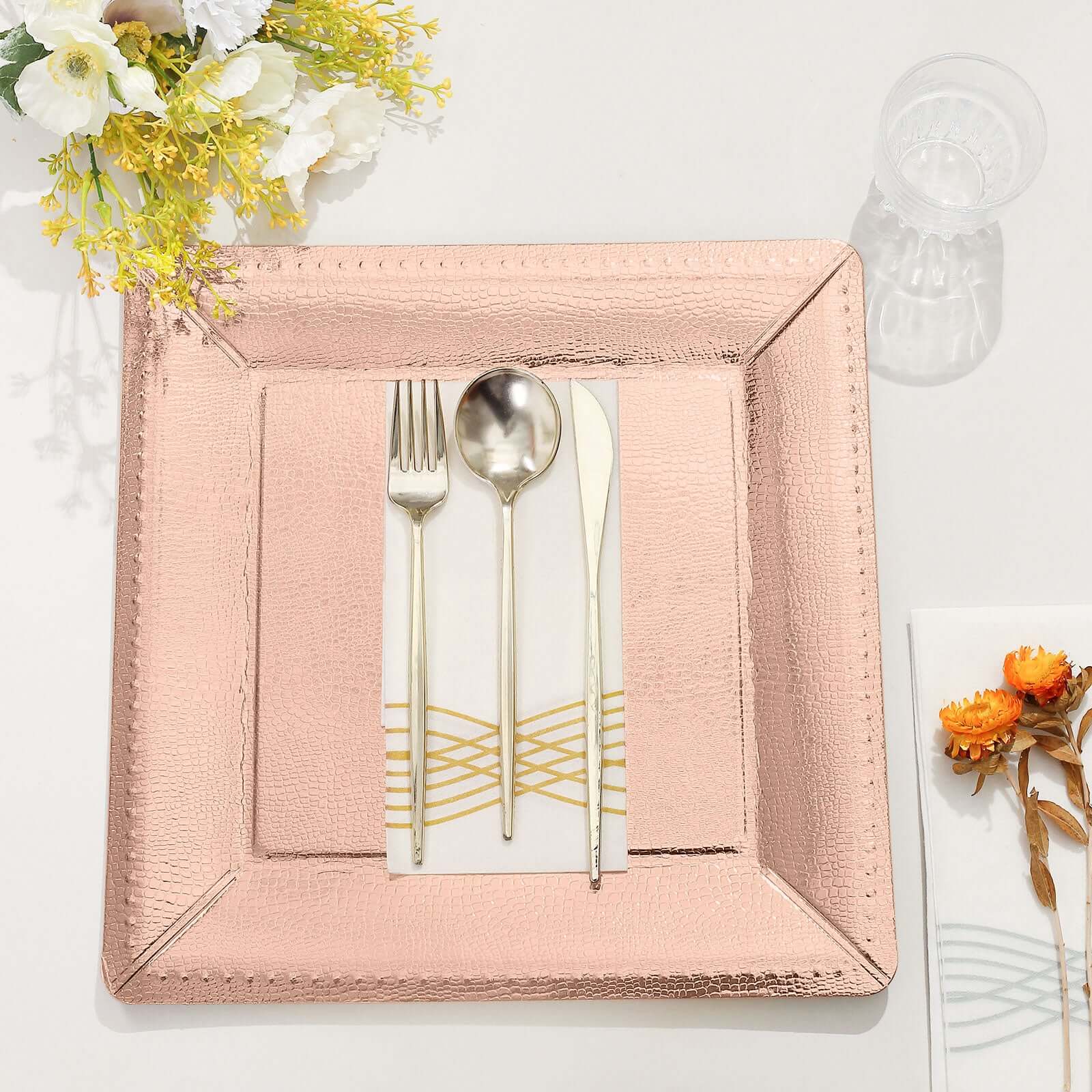 10-Pack Disposable Square Charger Plates 13" Rose Gold with Leather Like Texture - 1100GSM Sturdy Paper Chargers - Image 9