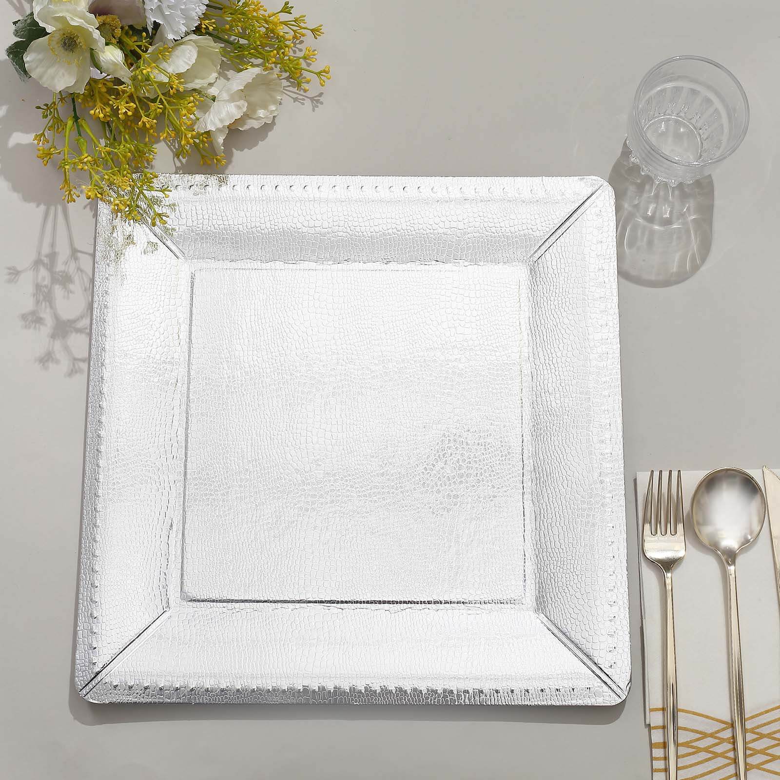 10-Pack Disposable Square Charger Plates 13" Silver with Leather Like Texture - 1100GSM Sturdy Paper Chargers - Image 12