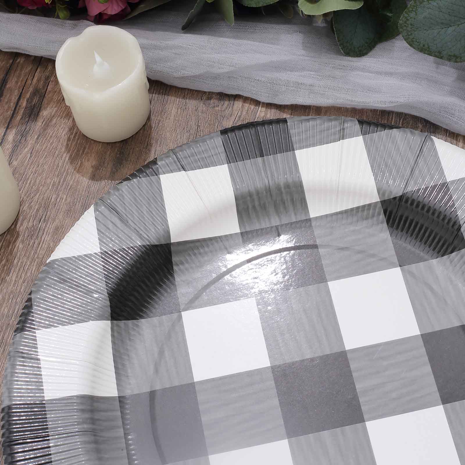 10-Pack Buffalo Plaid Paper Charger Plates – Black/White 13" Round Disposable Table Chargers, 350 GSM Cardstock - Image 10