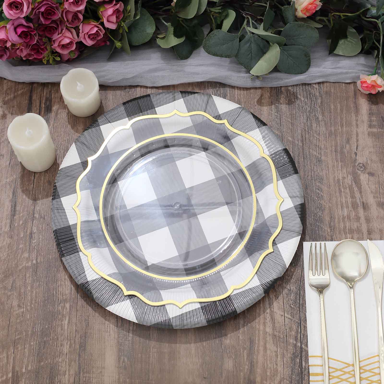 10-Pack Buffalo Plaid Paper Charger Plates – Black/White 13" Round Disposable Table Chargers, 350 GSM Cardstock - Image 11