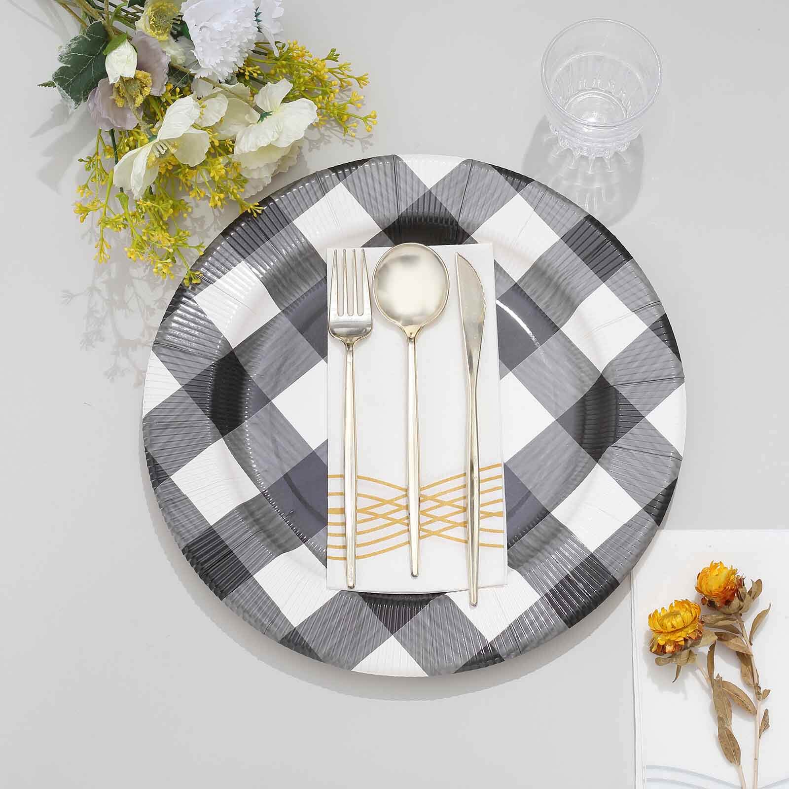 10-Pack Buffalo Plaid Paper Charger Plates – Black/White 13" Round Disposable Table Chargers, 350 GSM Cardstock - Image 7