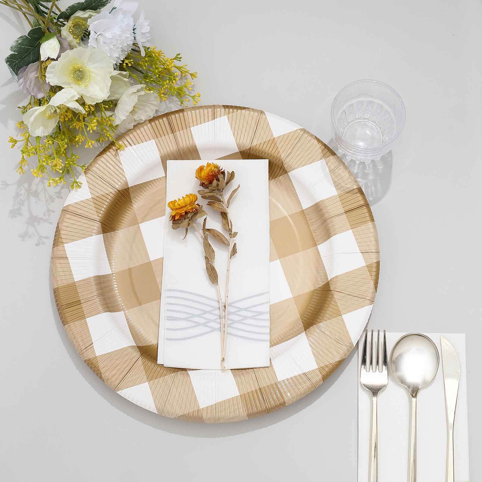 10-Pack Buffalo Plaid Paper Charger Plates – Gold/White 13" Round Disposable Table Chargers, 350 GSM Cardstock - Image 10