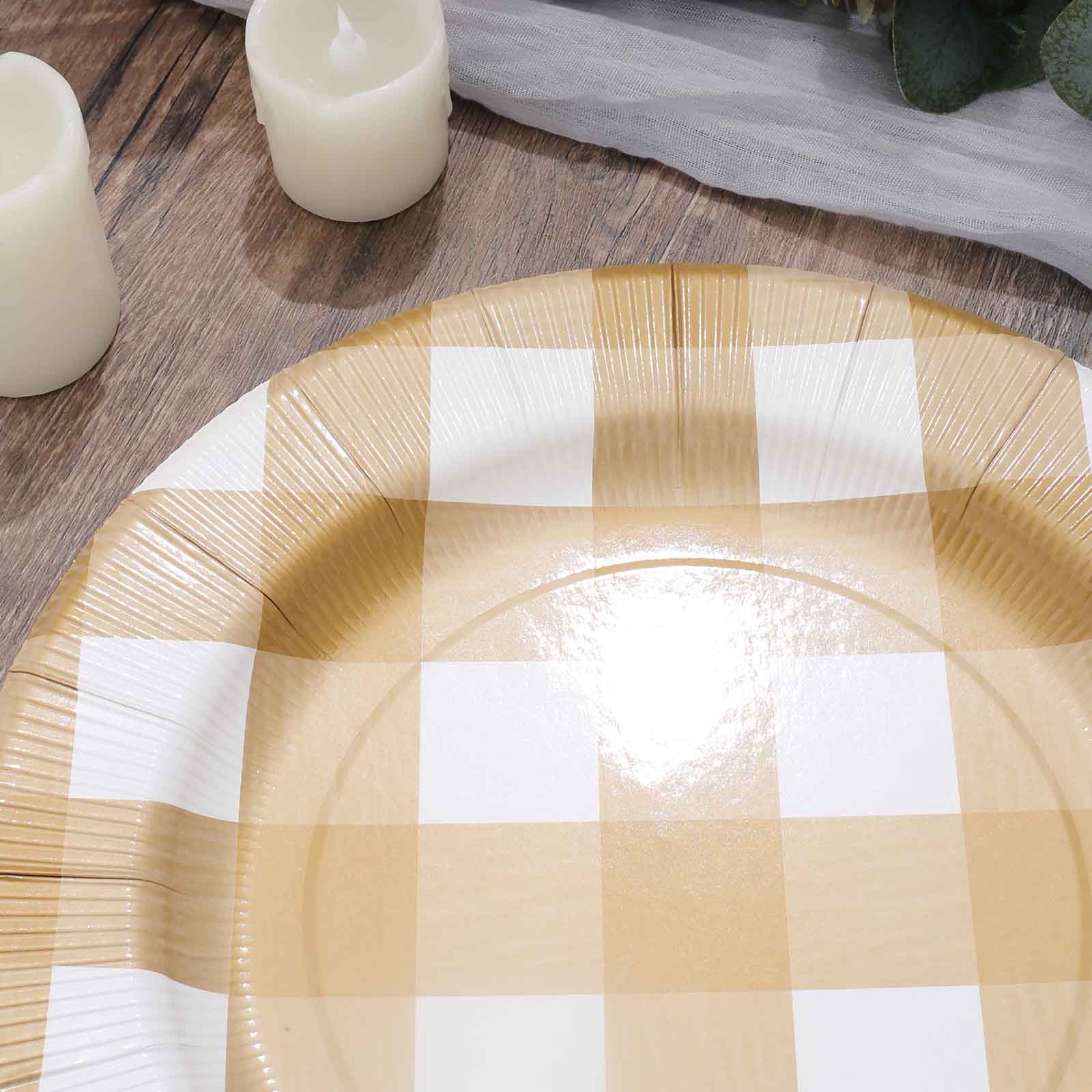 10-Pack Buffalo Plaid Paper Charger Plates – Gold/White 13" Round Disposable Table Chargers, 350 GSM Cardstock - Image 11