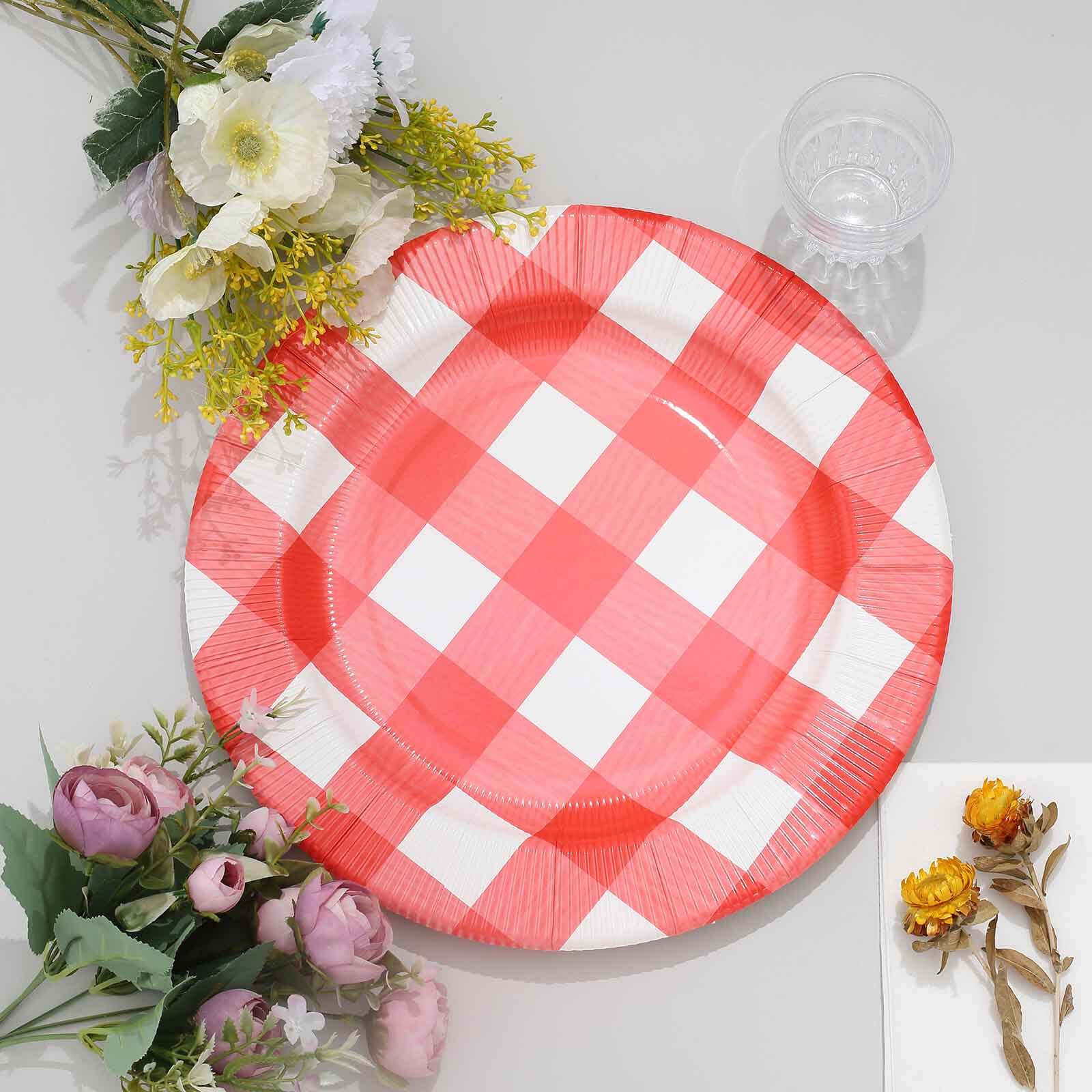 10-Pack Buffalo Plaid Paper Charger Plates – Red/White 13" Round Disposable Table Chargers, 350 GSM Cardstock - Image 9