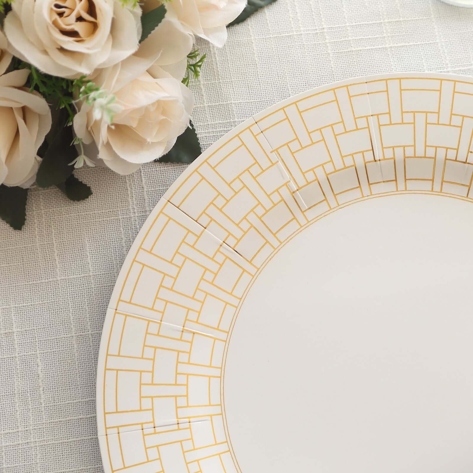 10 Pack Cardstock Paper Charger Plates 13" White with Gold Basketweave Pattern Rim - 650GSM Cardboard Placemats for Parties, Events & Home Entertaining - Image 10