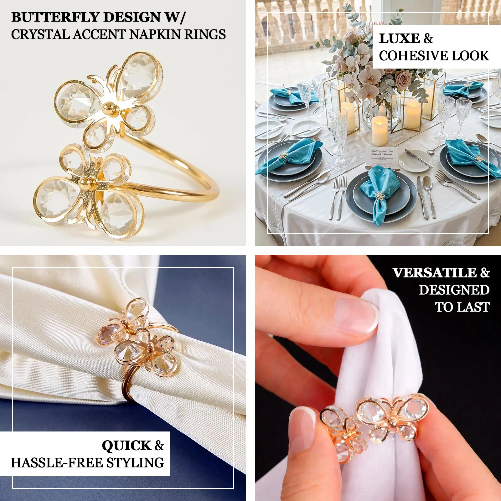 10-Pack Gold Metal Butterfly Napkin Rings with Crystal Diamond Accents – Napkin Holder for Weddings & Events - Image 3