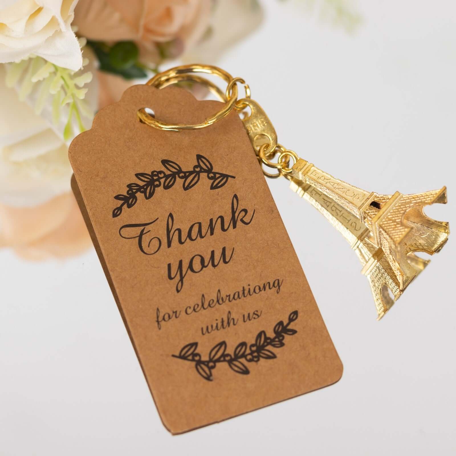 10 Pack Gold Plastic Paris Eiffel Tower Keychain Party Favor, Wedding Bridal Shower Souvenirs With Thank You Tag - 4" - Image 6