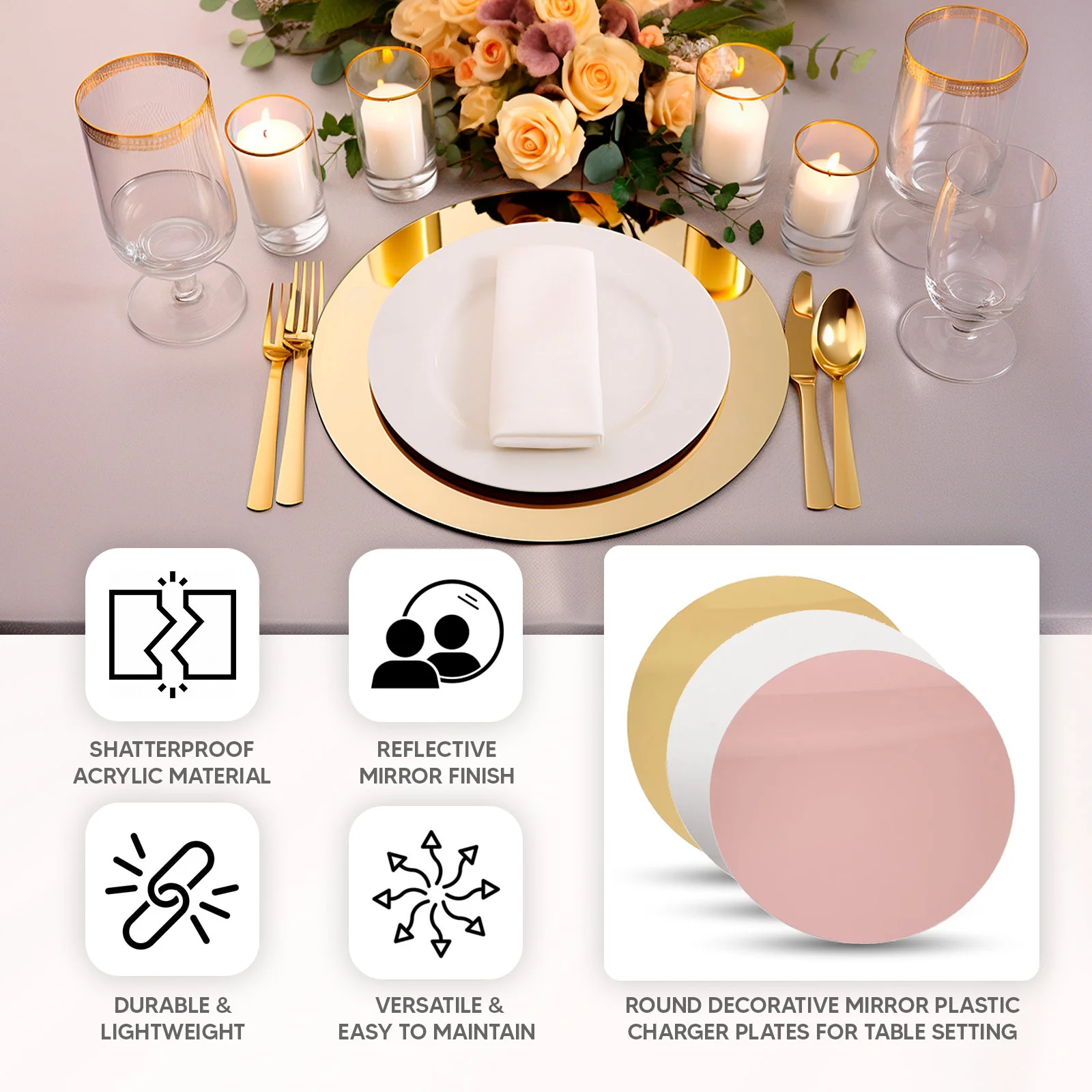10-Pack Large Acrylic Mirror Tray 16" Round Gold Circle Candle Plate - Decorative Centerpiece Bases - Image 4