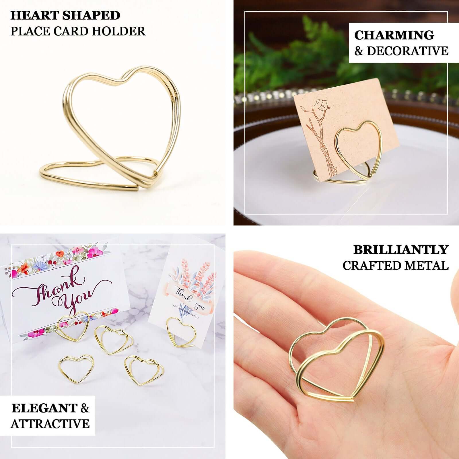 10-Pack Metal Card Holder Stands 1" Double Heart Design Gold - Table Number Stands and Wedding Place Card Menu Clips - Image 4