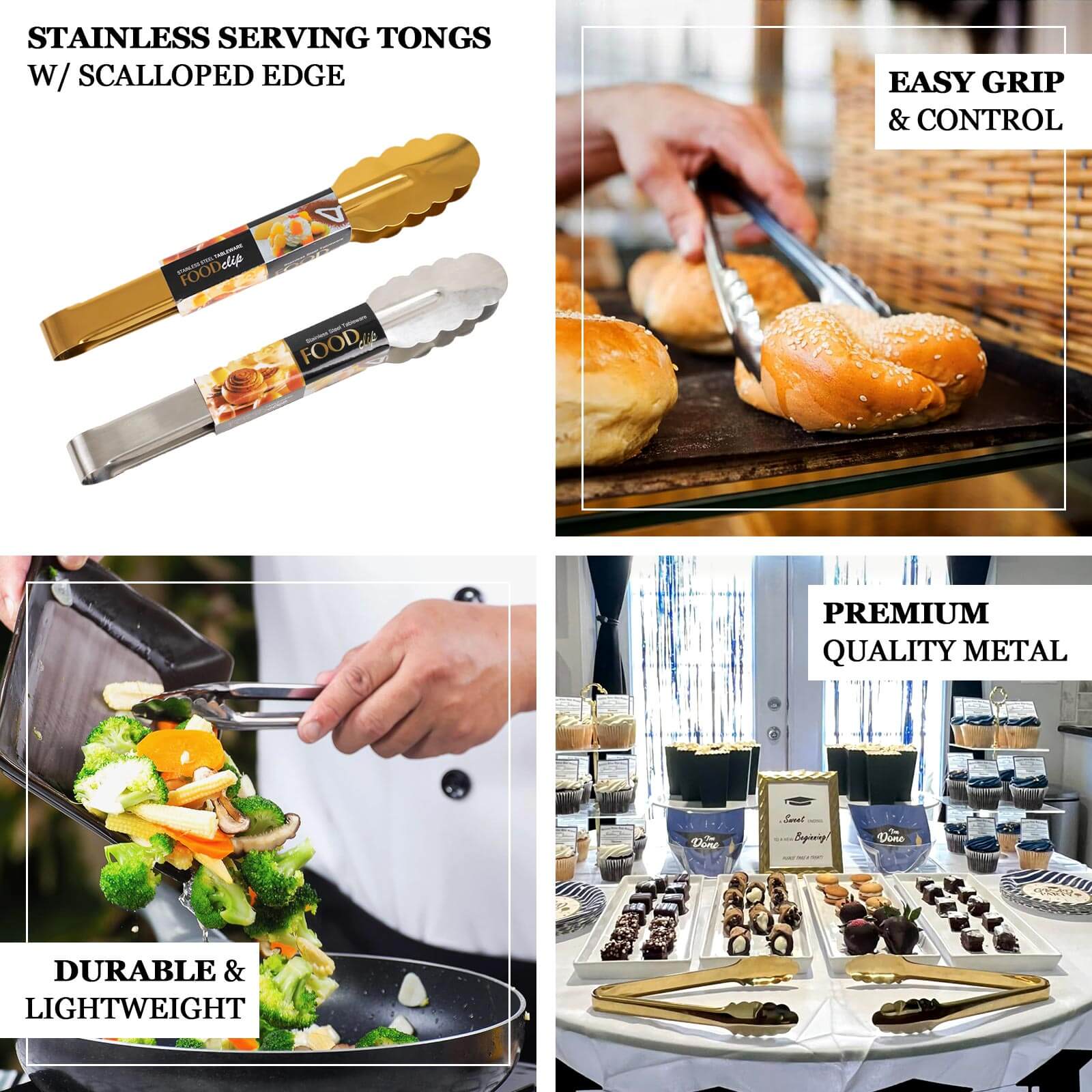 10-Pack Metal Serving Tongs 9.5" Gold with Scalloped Gripping Edge - Non Slip Stainless Steel Kitchen Tongs for Buffets & Parties - Image 3