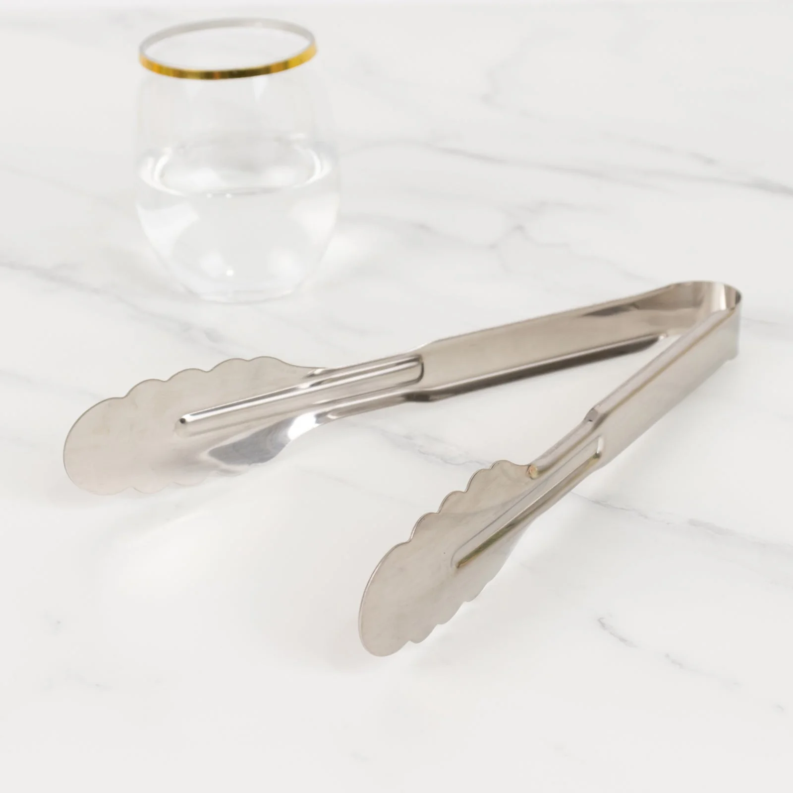 10-Pack Metal Serving Tongs 9.5" Silver with Scalloped Gripping Edge - Non Slip Stainless Steel Kitchen Tongs for Buffets & Parties