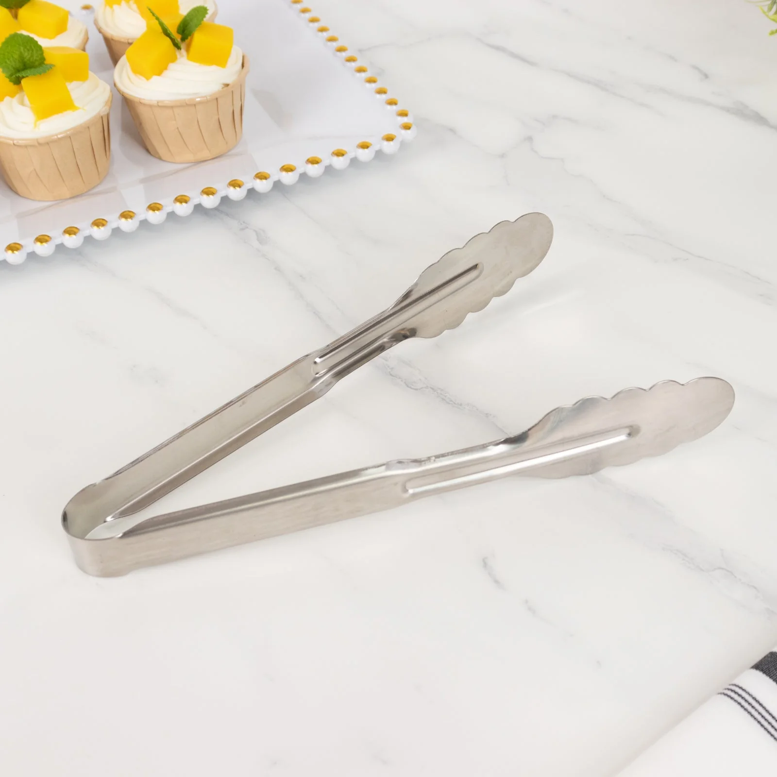 10-Pack Metal Serving Tongs 9.5" Silver with Scalloped Gripping Edge - Non Slip Stainless Steel Kitchen Tongs for Buffets & Parties - Image 8