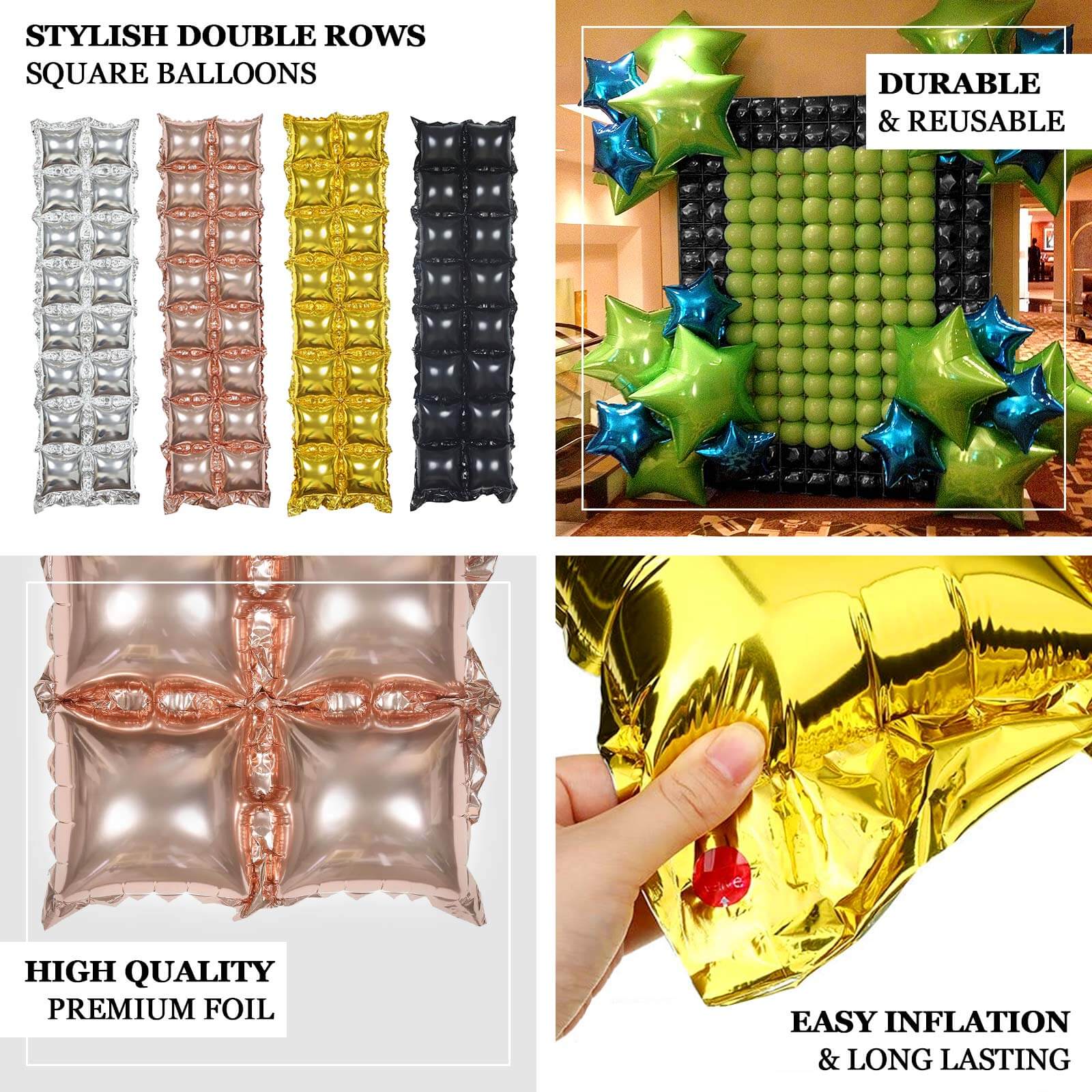 10 Pack Metallic Rose Gold Double Row Mylar Foil Balloon Backdrop, Square Diamond Design Balloon Wall 43"x11" - Image 4