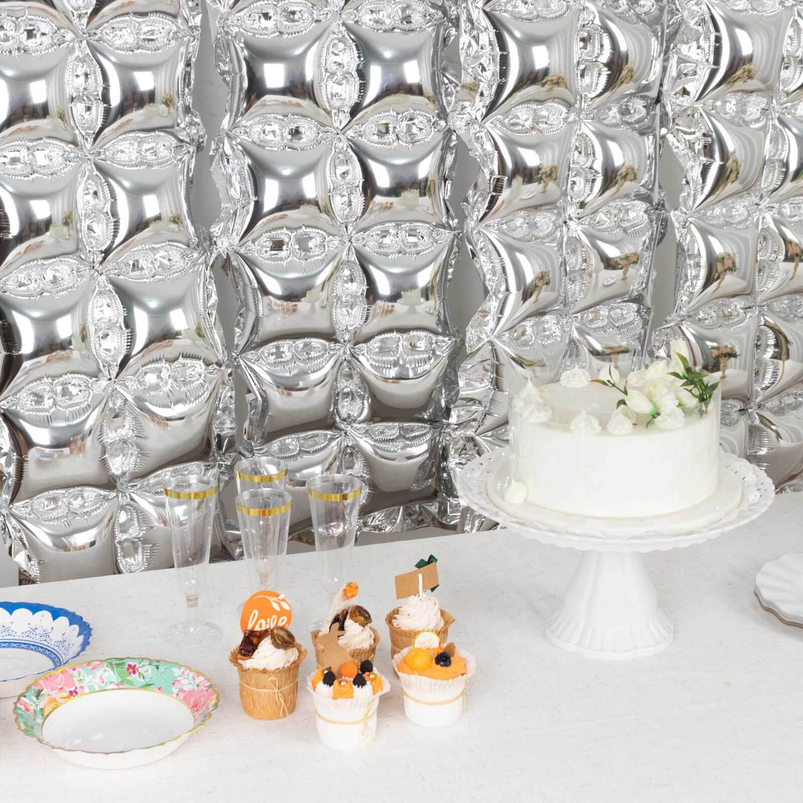 10 Pack Metallic Silver Double Row Mylar Foil Balloon Backdrop, Square Diamond Design Balloon Wall 43"x11" - Image 9