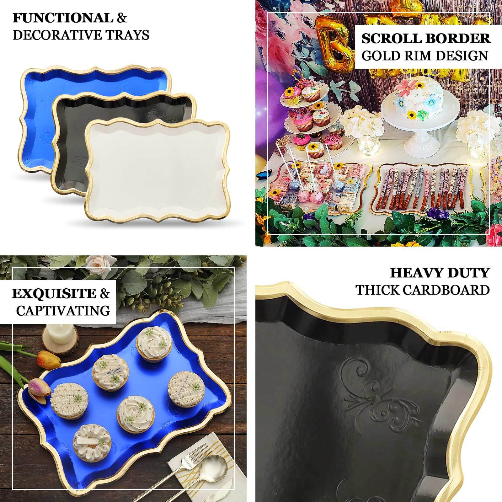 10-Pack Paper Rectangle Serving Trays 14"x10" Black with Gold Rim - 400GSM Heavy Duty Disposable Cardboard Party Platters for Stylish Food Displays - Image 4