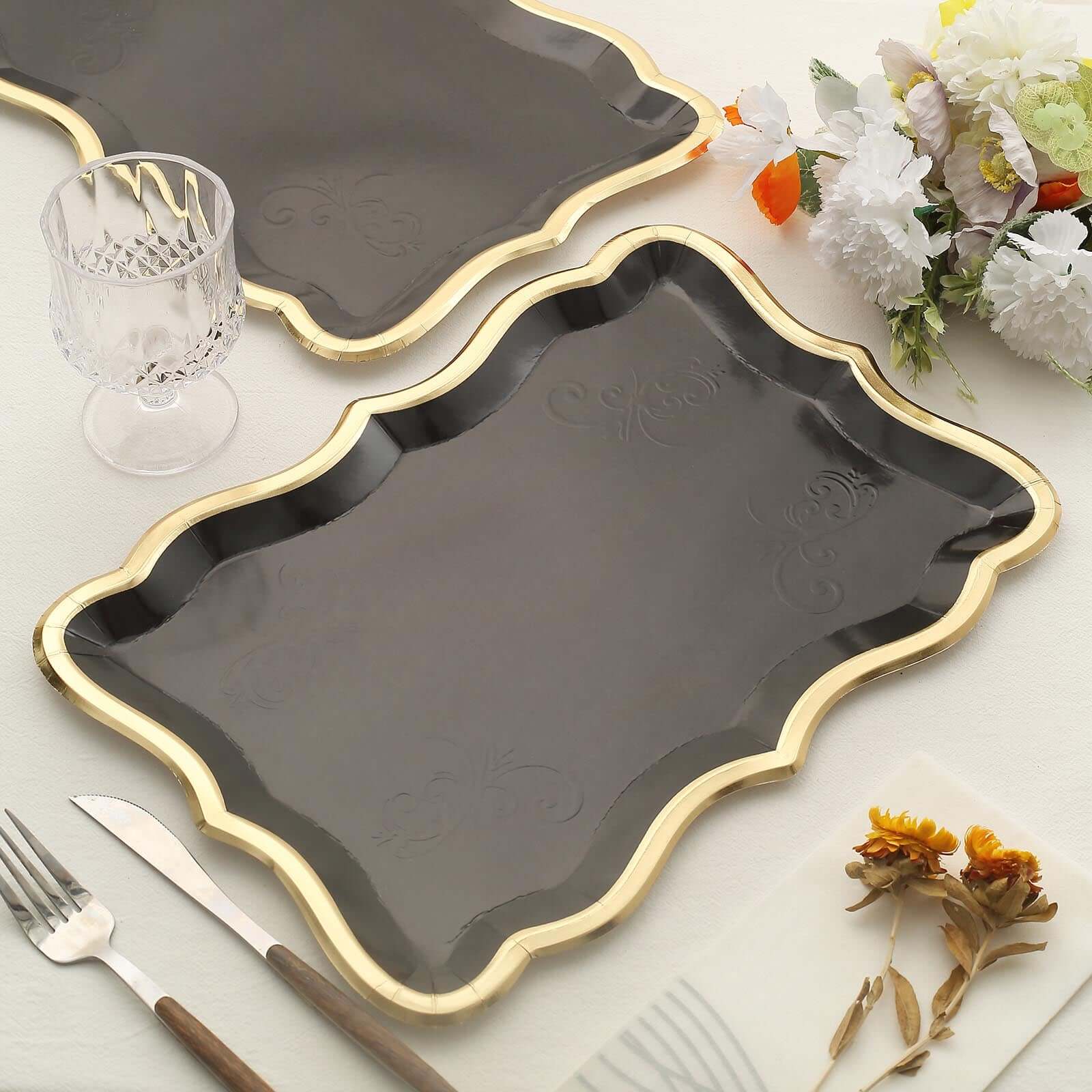 10-Pack Paper Rectangle Serving Trays 14"x10" Black with Gold Rim - 400GSM Heavy Duty Disposable Cardboard Party Platters for Stylish Food Displays - Image 5