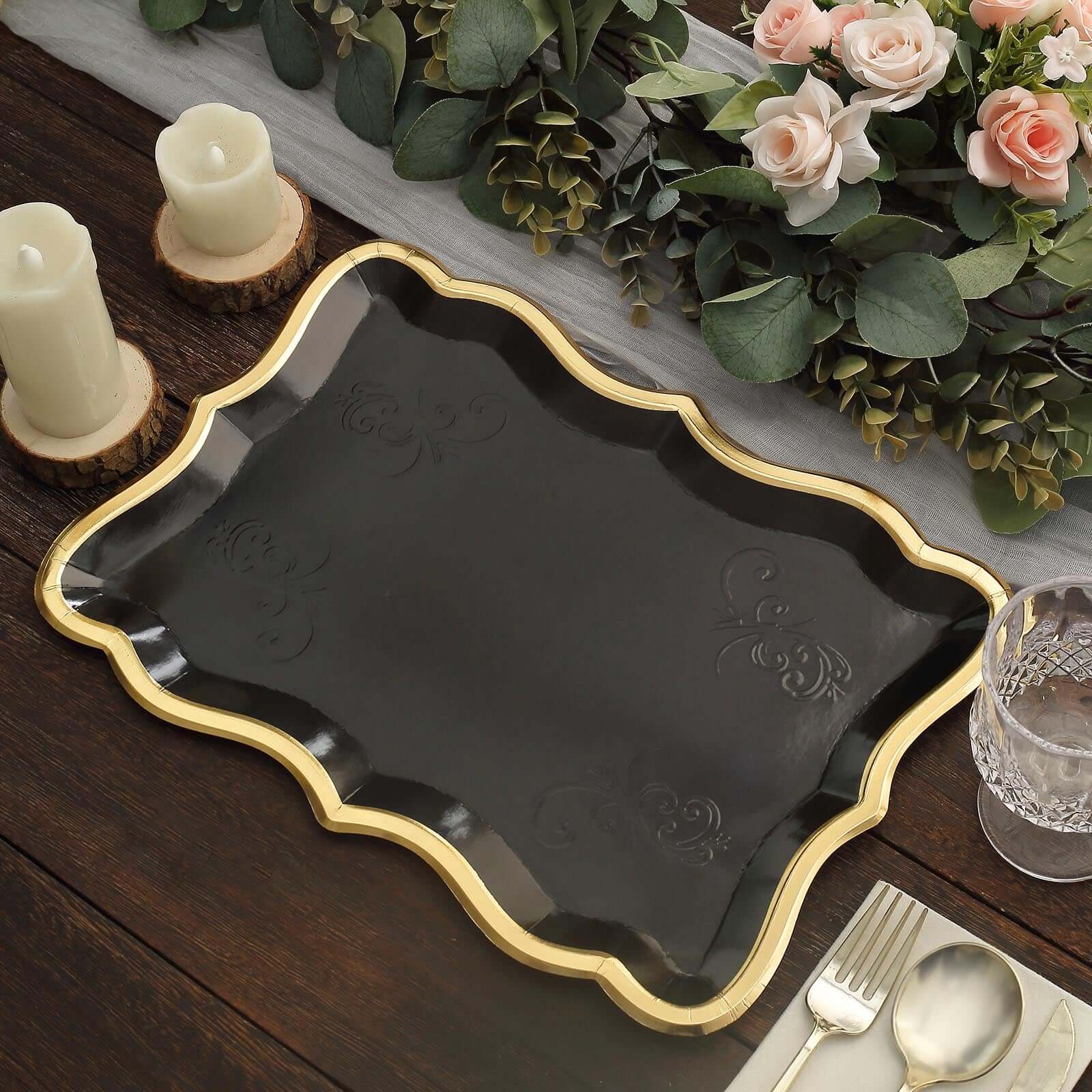 10-Pack Paper Rectangle Serving Trays 14"x10" Black with Gold Rim - 400GSM Heavy Duty Disposable Cardboard Party Platters for Stylish Food Displays - Image 6