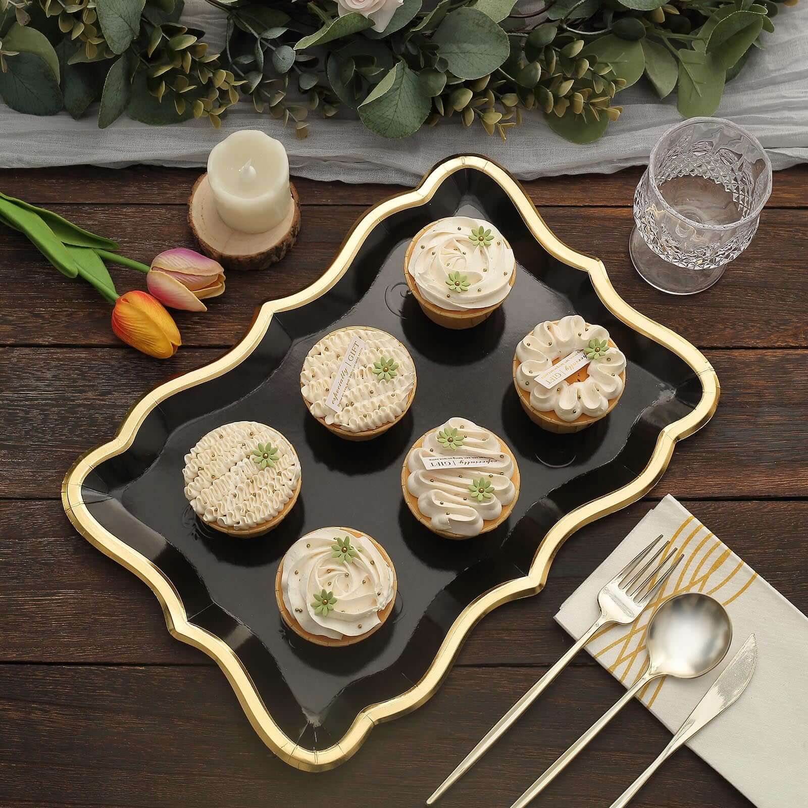 10-Pack Paper Rectangle Serving Trays 14"x10" Black with Gold Rim - 400GSM Heavy Duty Disposable Cardboard Party Platters for Stylish Food Displays - Image 8