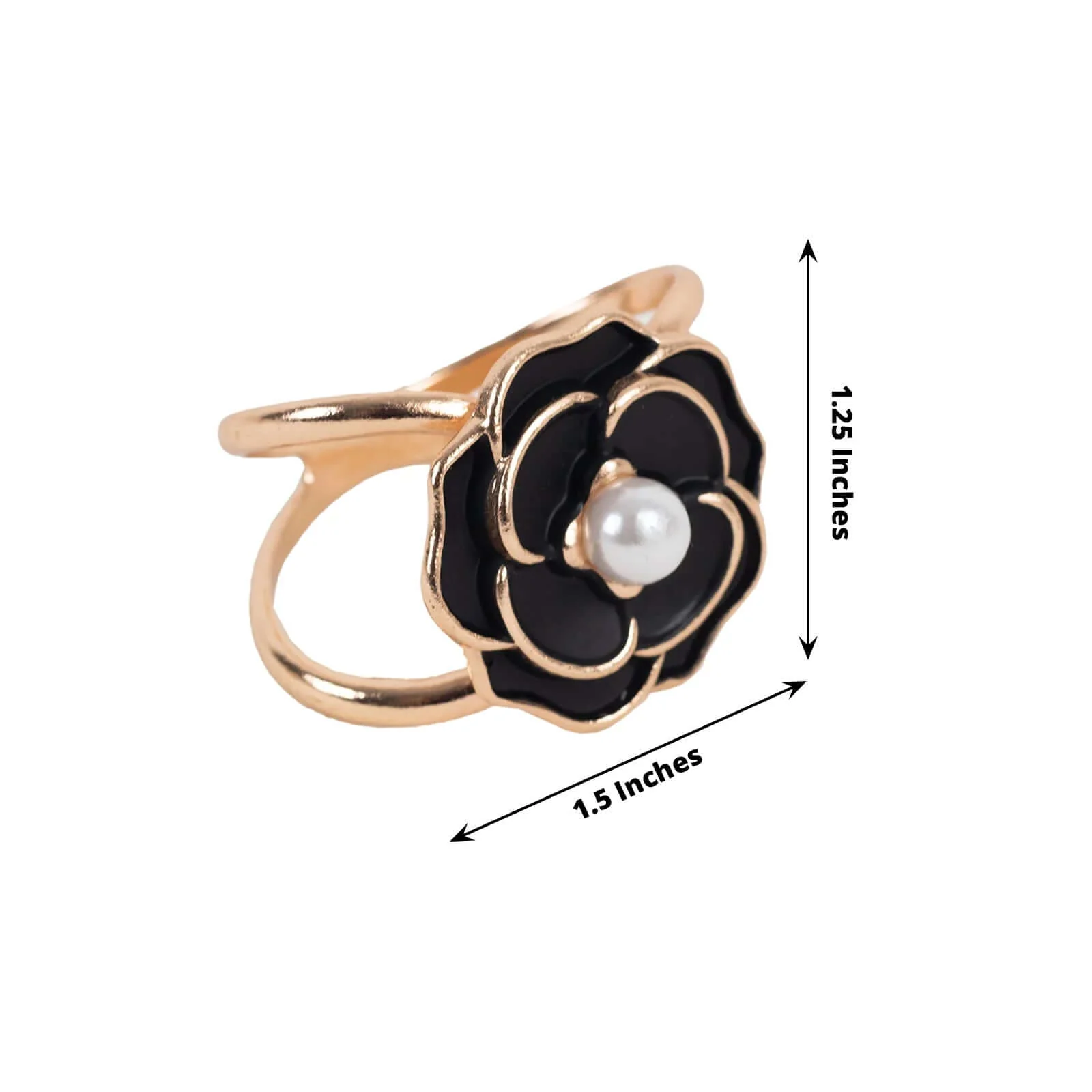 10 Pack Pearl Floral Metal Chair Sash Pin Buckles Black 3D Rose Shaped with Gold Rim - Scarf Bow Napkin Rings - Image 2