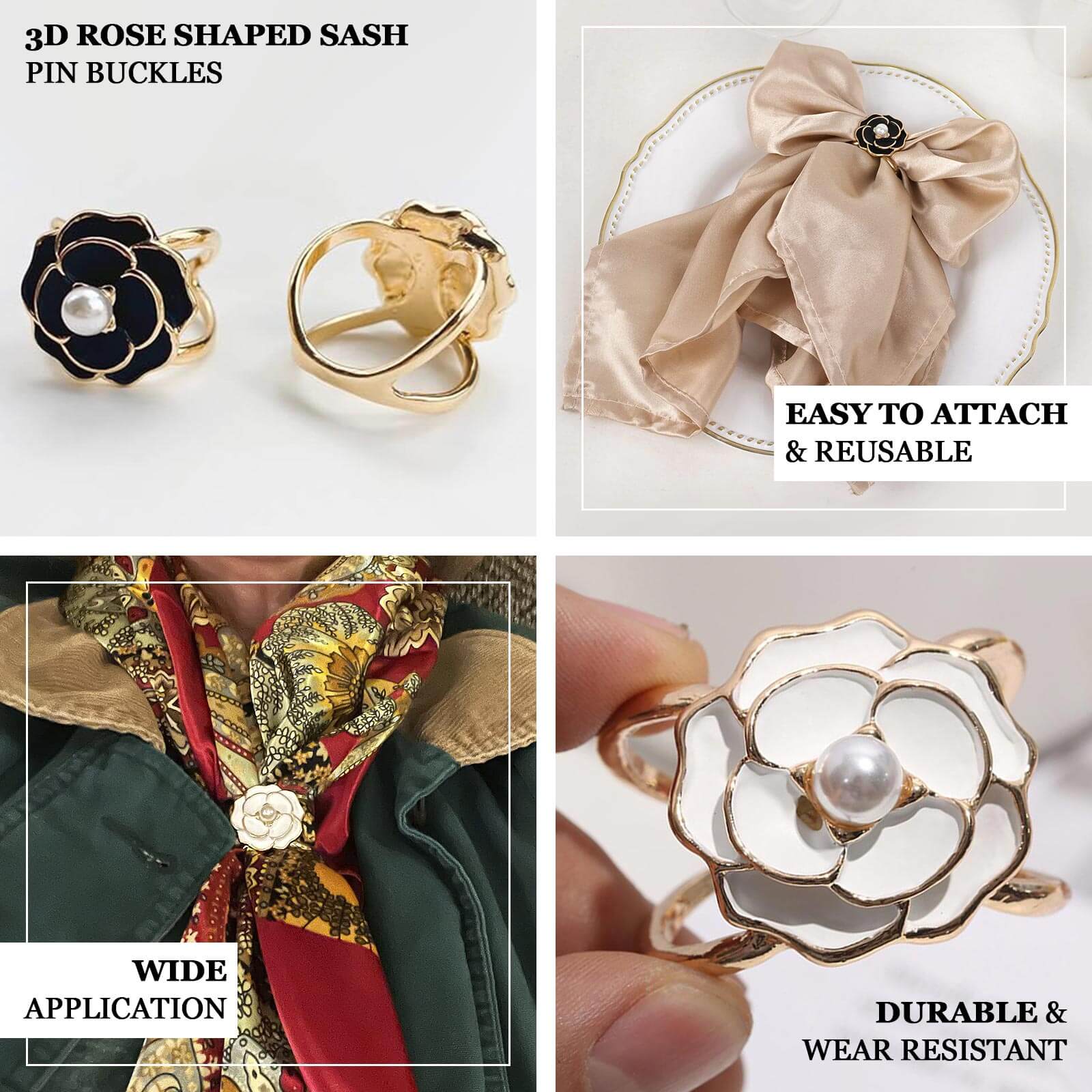 10 Pack Pearl Floral Metal Chair Sash Pin Buckles Black 3D Rose Shaped with Gold Rim - Scarf Bow Napkin Rings - Image 4