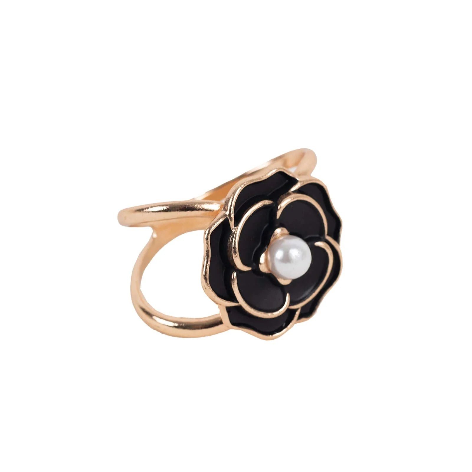 10 Pack Pearl Floral Metal Chair Sash Pin Buckles Black 3D Rose Shaped with Gold Rim - Scarf Bow Napkin Rings - Image 6