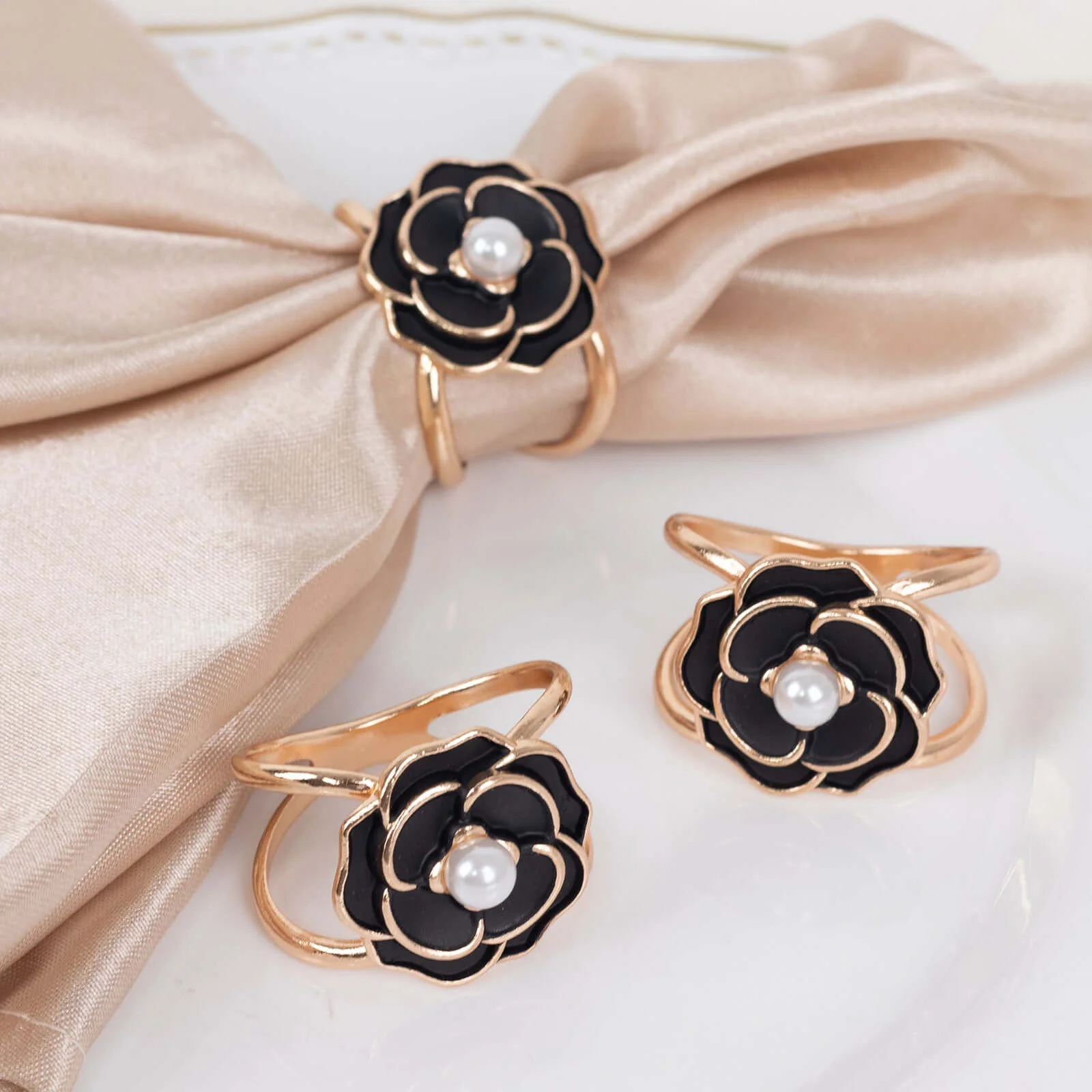 10 Pack Pearl Floral Metal Chair Sash Pin Buckles Black 3D Rose Shaped with Gold Rim - Scarf Bow Napkin Rings - Image 7
