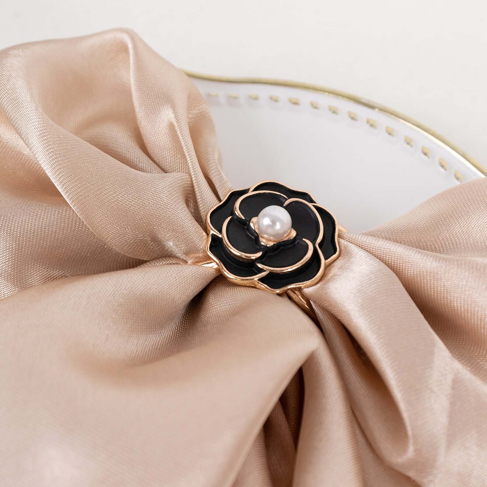 10 Pack Pearl Floral Metal Chair Sash Pin Buckles Black 3D Rose Shaped with Gold Rim - Scarf Bow Napkin Rings - Image 8