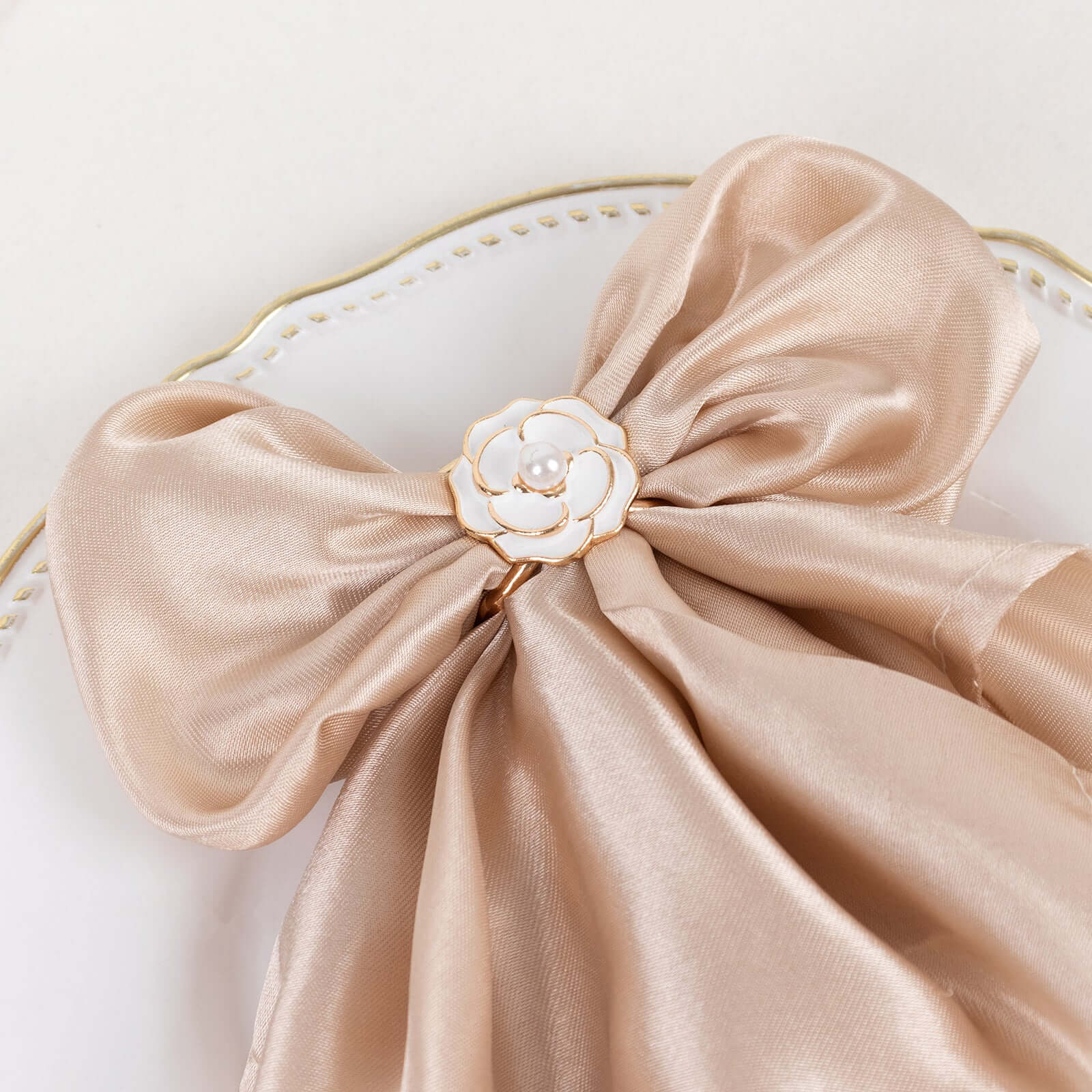 10 Pack Pearl Floral Metal Chair Sash Pin Buckles White 3D Rose Shaped with Gold Rim - Decorative Scarf Bow Napkin Rings for Weddings - Image 2