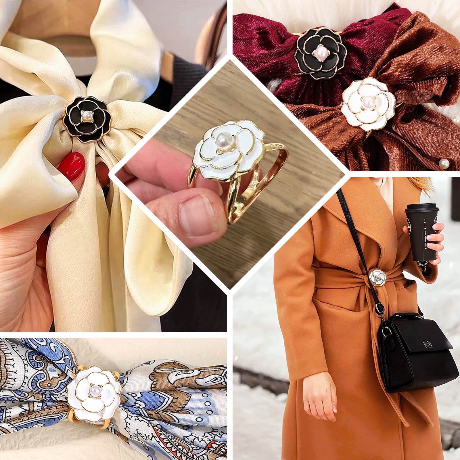 10 Pack Pearl Floral Metal Chair Sash Pin Buckles White 3D Rose Shaped with Gold Rim - Decorative Scarf Bow Napkin Rings for Weddings - Image 5
