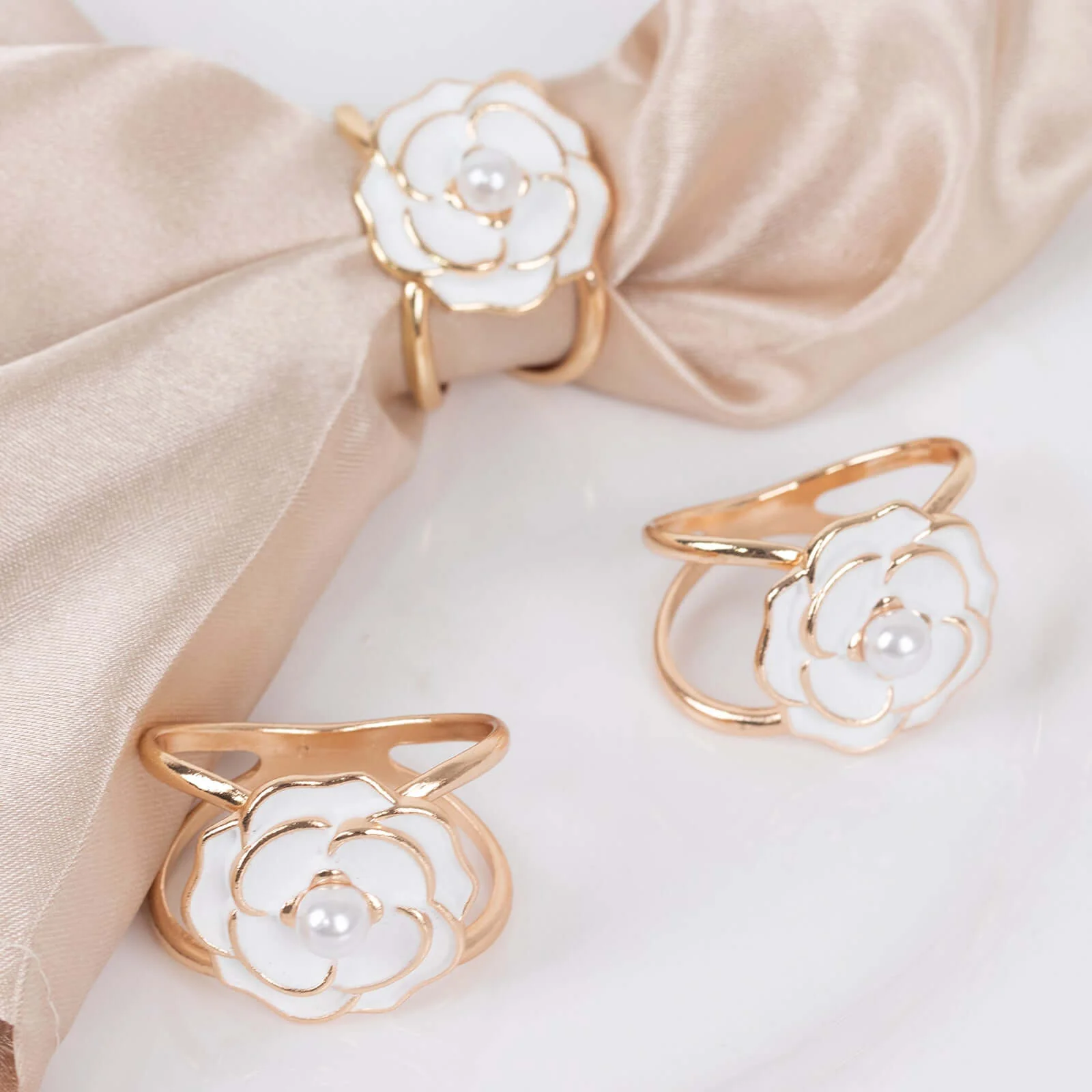10 Pack Pearl Floral Metal Chair Sash Pin Buckles White 3D Rose Shaped with Gold Rim - Decorative Scarf Bow Napkin Rings for Weddings - Image 7