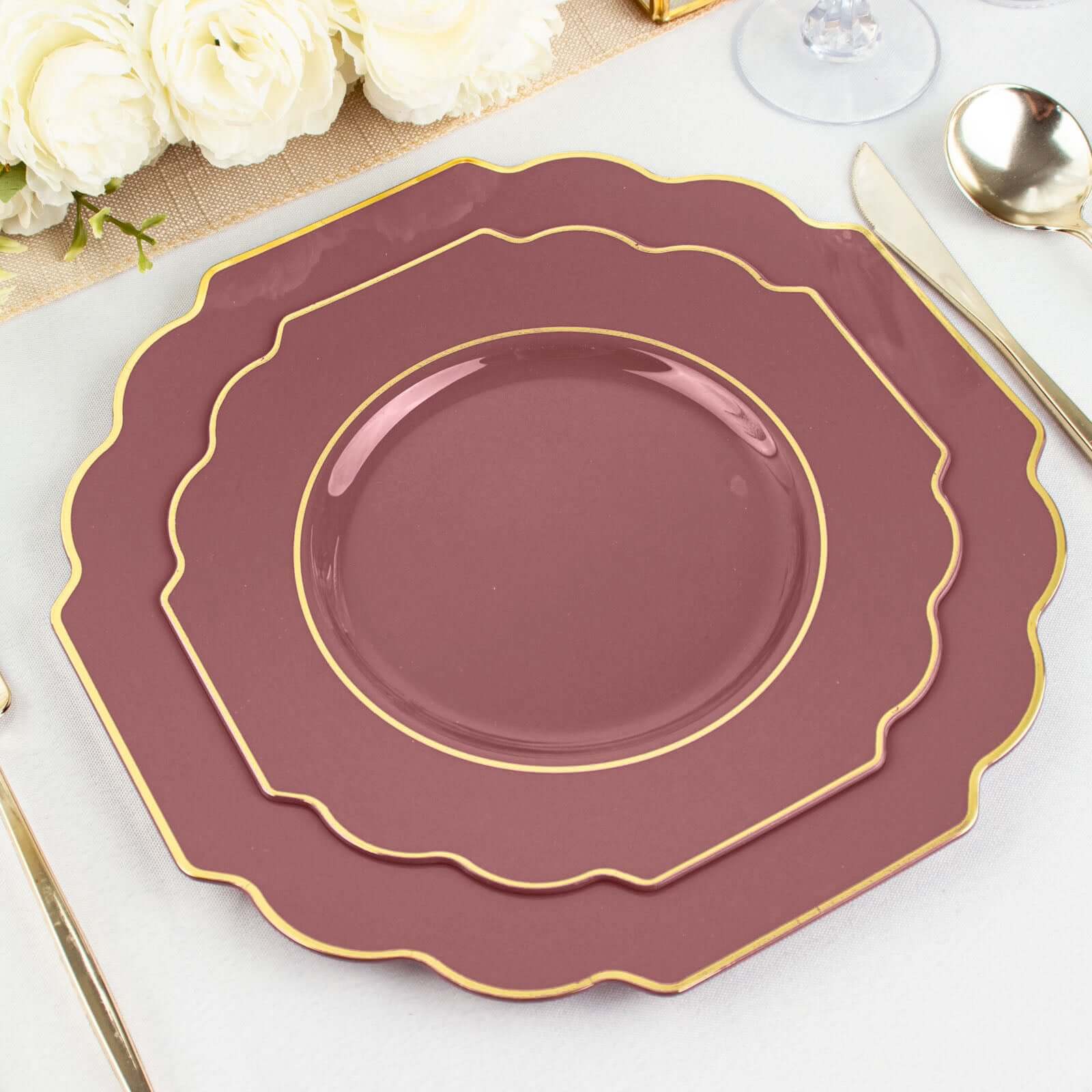 10-Pack Plastic Dessert Appetizer Plates 8" Cinnamon Rose Baroque Design with Scalloped Gold Rim - Heavy Duty Disposable Salad Plates - Image 11