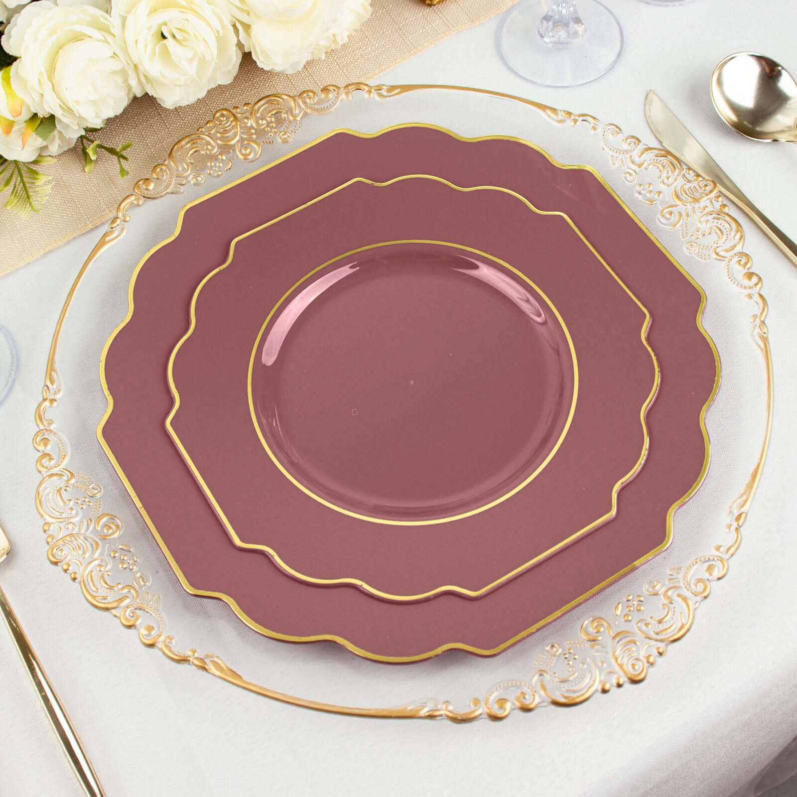 10-Pack Plastic Dessert Appetizer Plates 8" Cinnamon Rose Baroque Design with Scalloped Gold Rim - Heavy Duty Disposable Salad Plates - Image 2