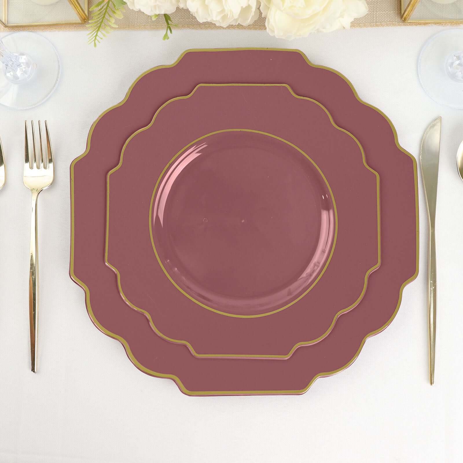 10-Pack Plastic Dessert Appetizer Plates 8" Cinnamon Rose Baroque Design with Scalloped Gold Rim - Heavy Duty Disposable Salad Plates - Image 9