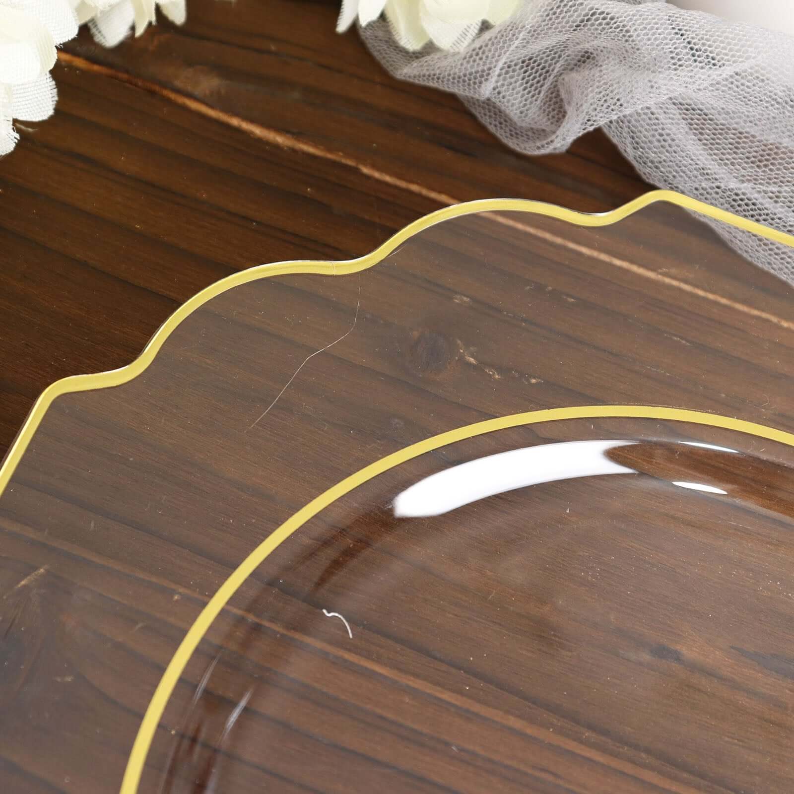 10-Pack Plastic Dessert Appetizer Plates 8" Clear Baroque Design with Scalloped Gold Rim - Heavy Duty Disposable Salad Plates - Image 9