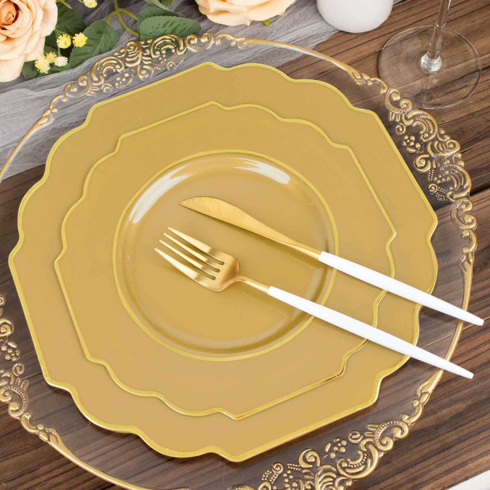 10-Pack Plastic Dessert Appetizer Plates 8" Gold Baroque Design with Scalloped Gold Rim - Heavy Duty Disposable Salad Plates - Image 10