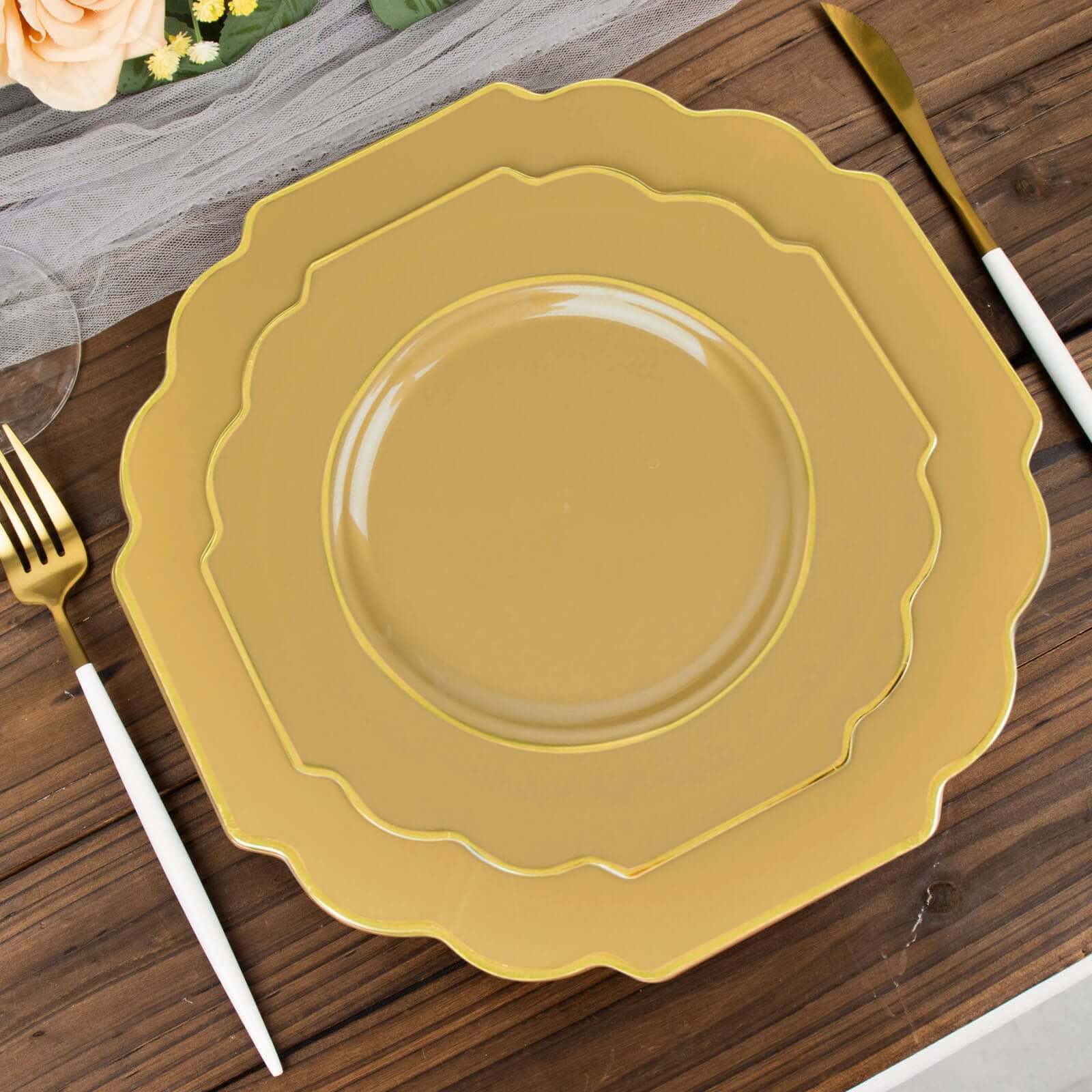 10-Pack Plastic Dessert Appetizer Plates 8" Gold Baroque Design with Scalloped Gold Rim - Heavy Duty Disposable Salad Plates - Image 6