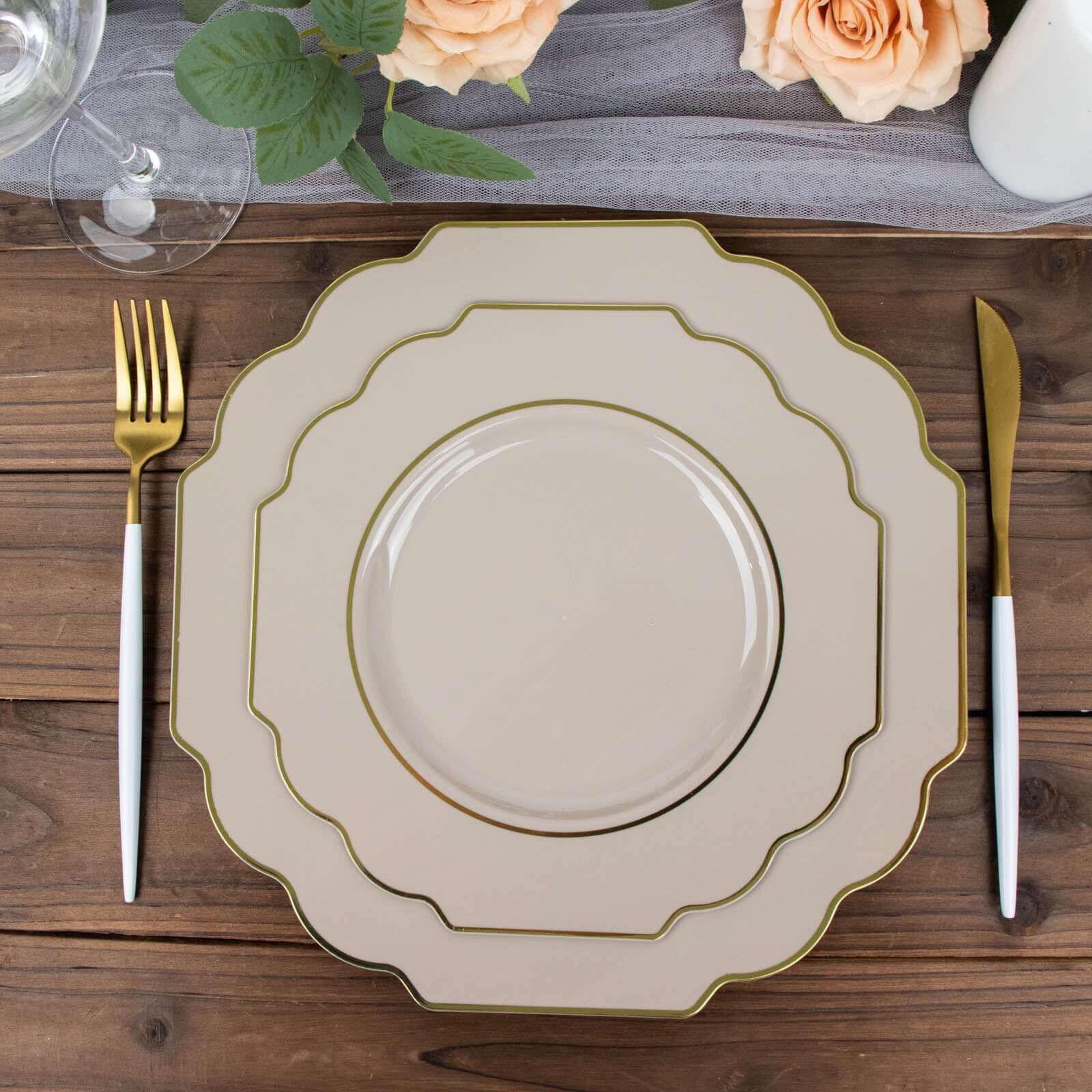 10-Pack Plastic Dessert Appetizer Plates 8" Taupe Baroque Design with Scalloped Gold Rim - Heavy Duty Disposable Salad Plates - Image 10