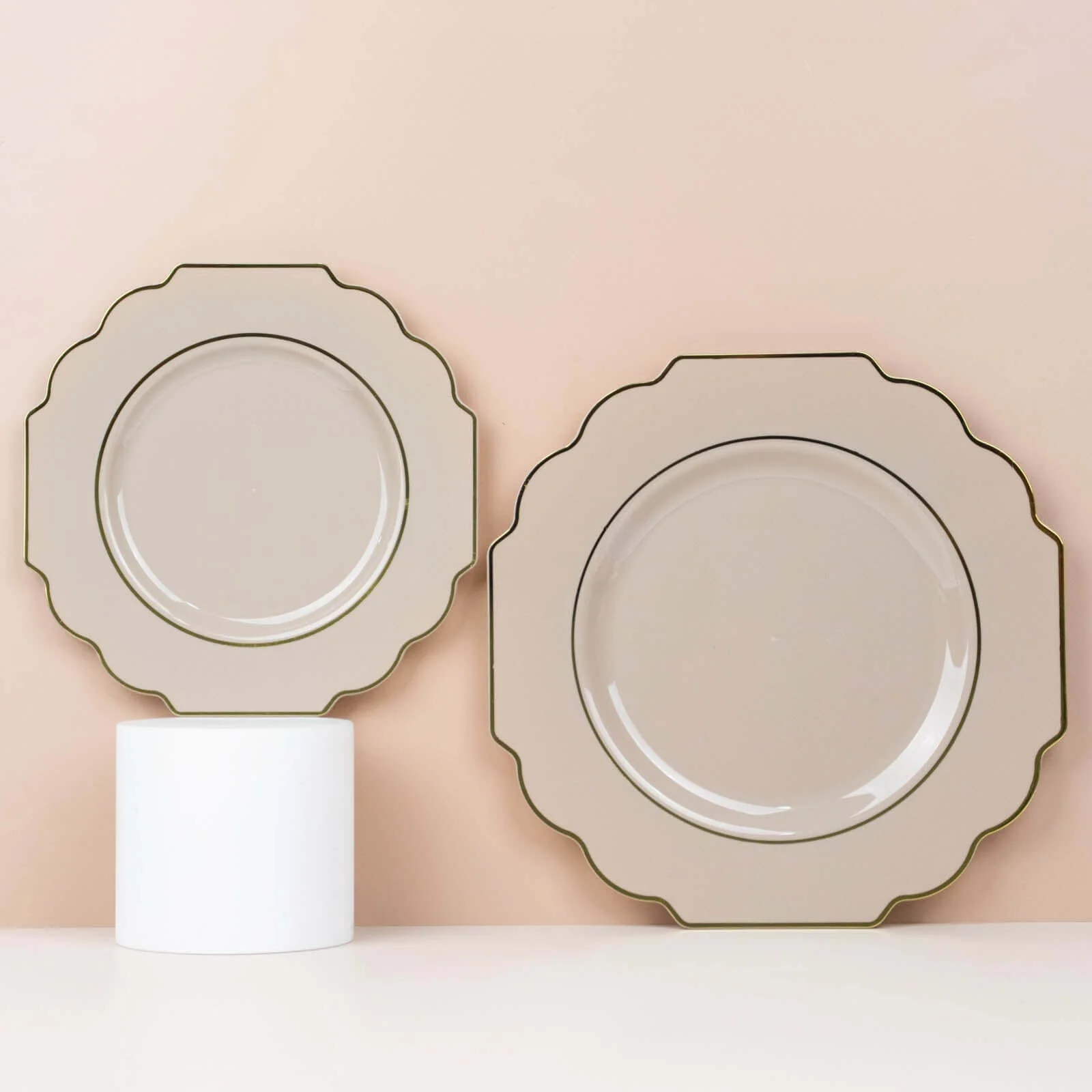 10-Pack Plastic Dessert Appetizer Plates 8" Taupe Baroque Design with Scalloped Gold Rim - Heavy Duty Disposable Salad Plates - Image 8