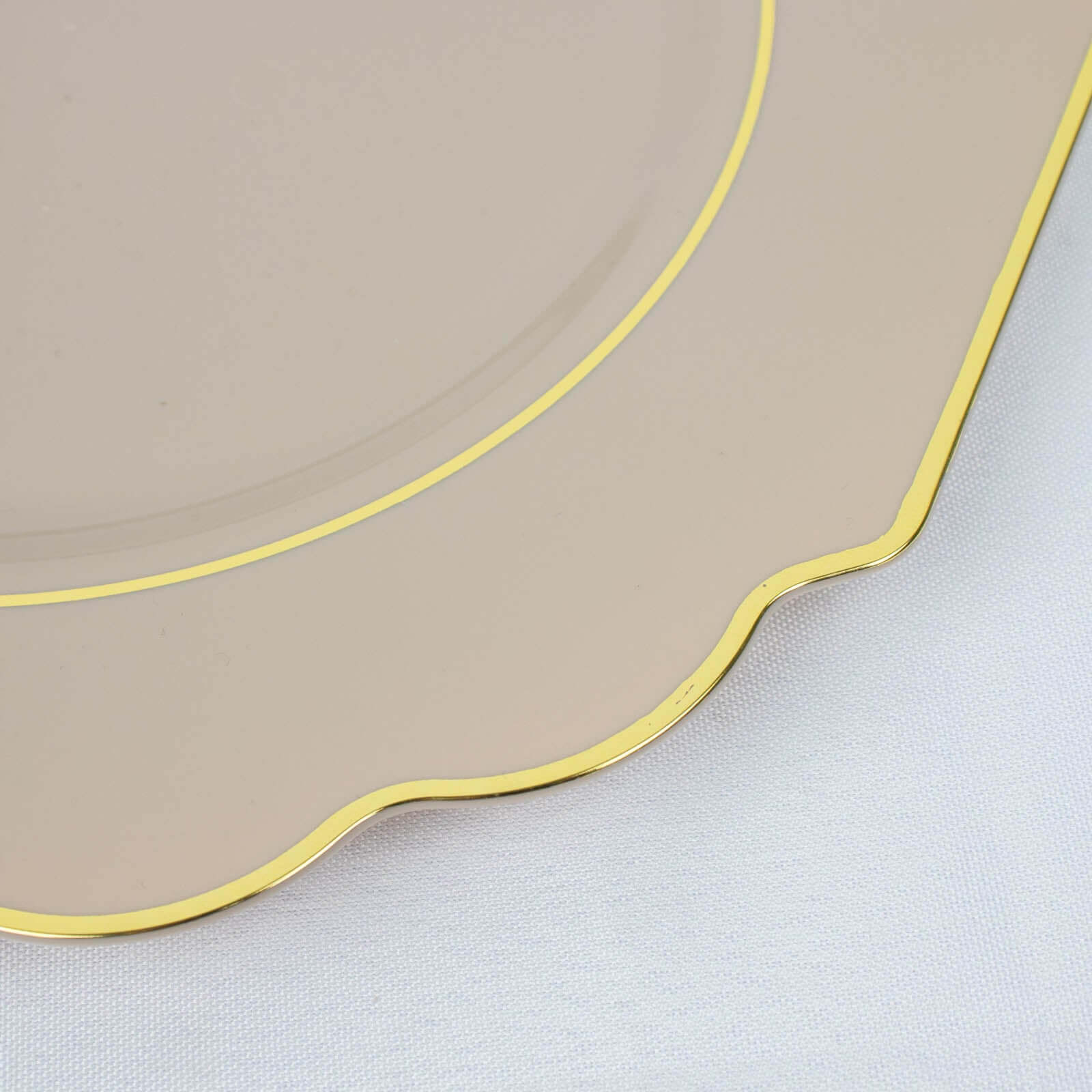 10-Pack Plastic Dessert Appetizer Plates 8" Taupe Baroque Design with Scalloped Gold Rim - Heavy Duty Disposable Salad Plates - Image 9