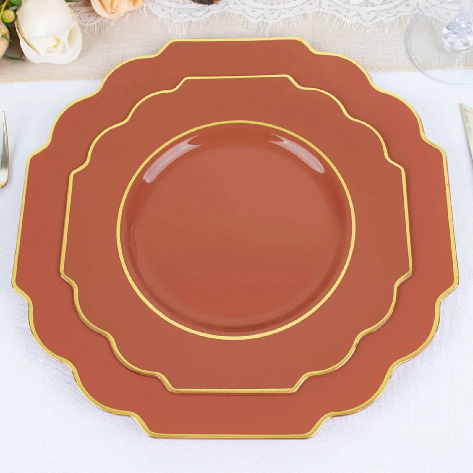 10-Pack Plastic Dessert Appetizer Plates 8" Terracotta (Rust) Baroque Design with Scalloped Gold Rim - Heavy Duty Disposable Salad Plates