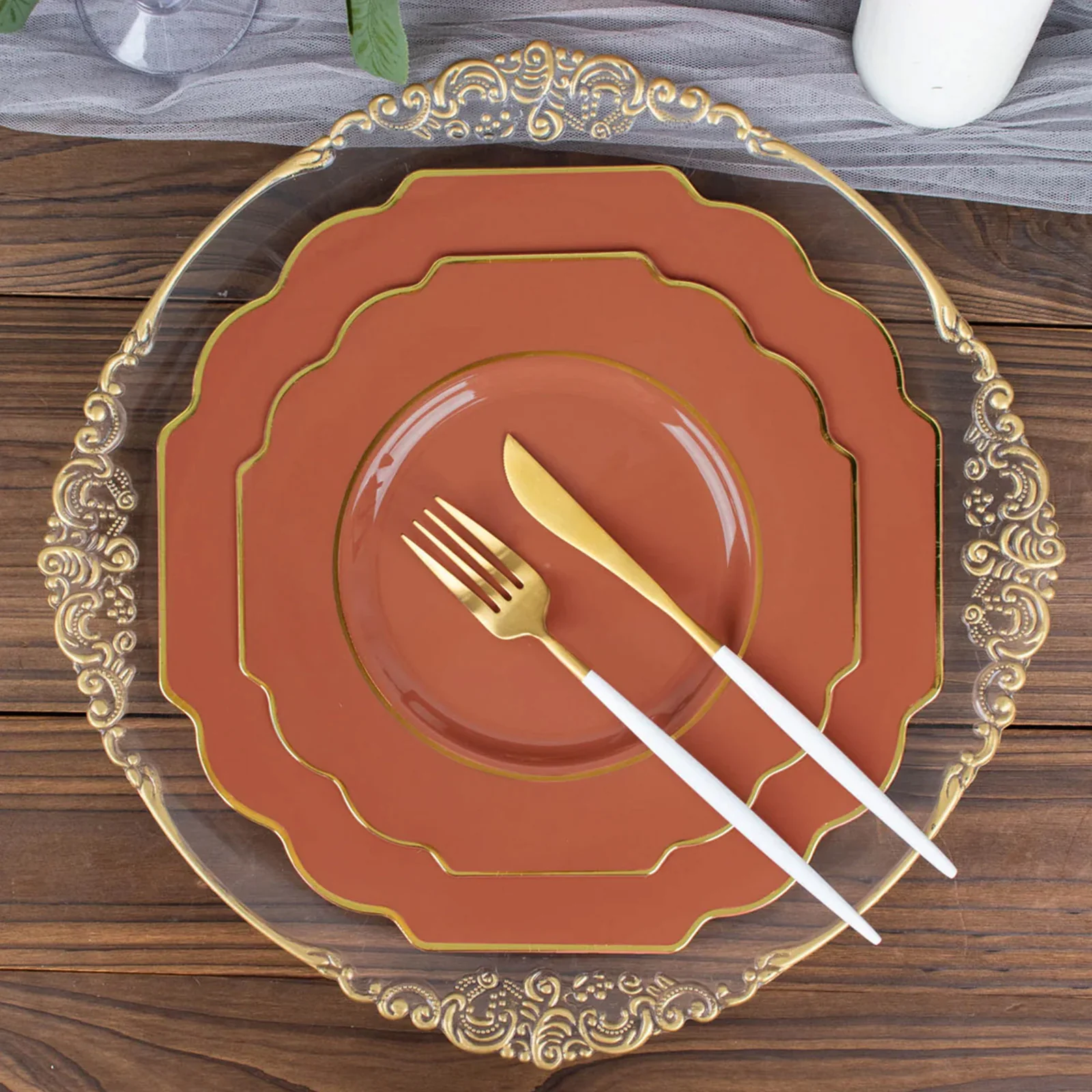 10-Pack Plastic Dessert Appetizer Plates 8" Terracotta (Rust) Baroque Design with Scalloped Gold Rim - Heavy Duty Disposable Salad Plates - Image 6