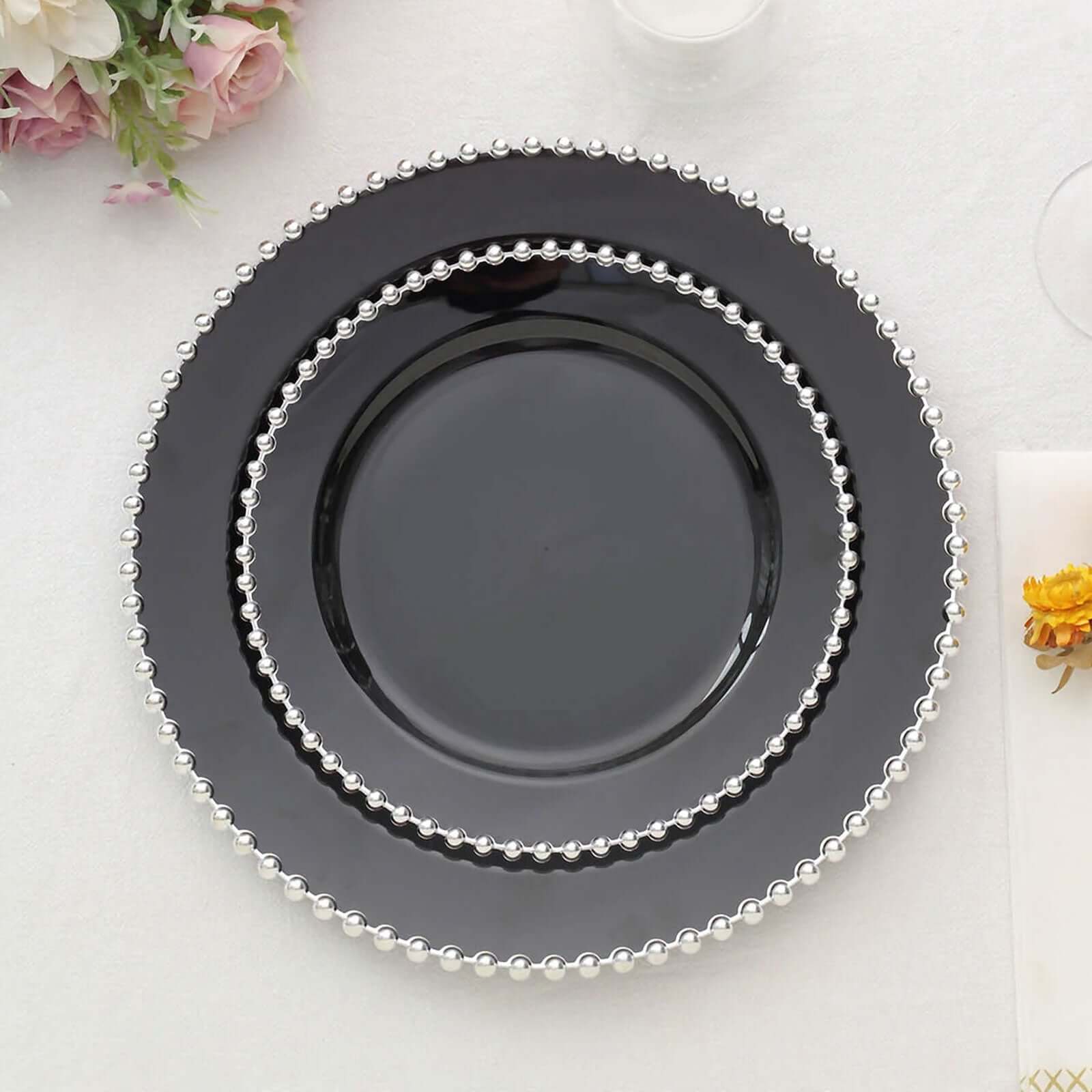 10 Pack Plastic Dessert Appetizer Plates in Black with Silver Beaded Rim, Disposable Round Salad Party Plates 8"