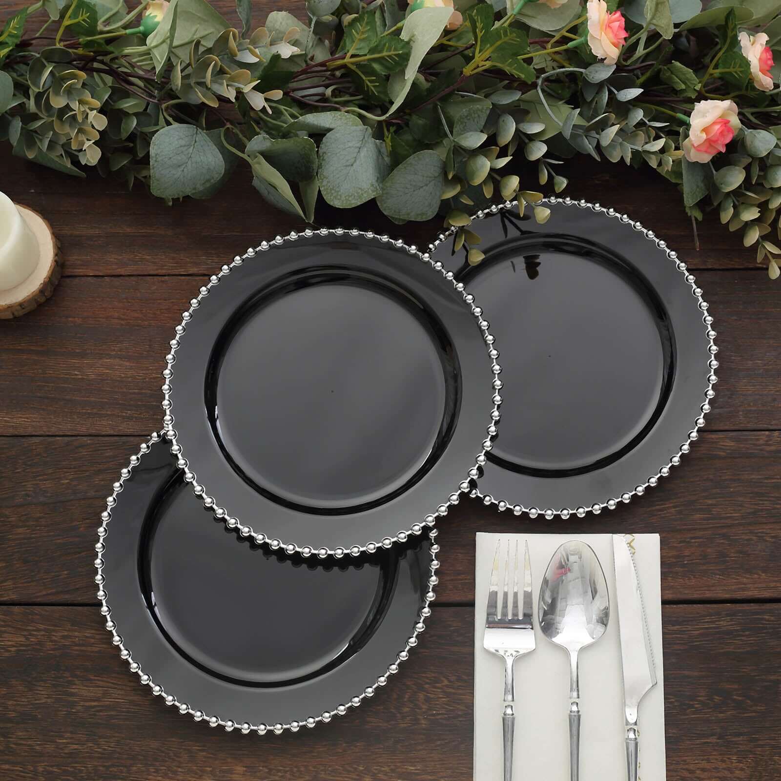 10 Pack Plastic Dessert Appetizer Plates in Black with Silver Beaded Rim, Disposable Round Salad Party Plates 8" - Image 14