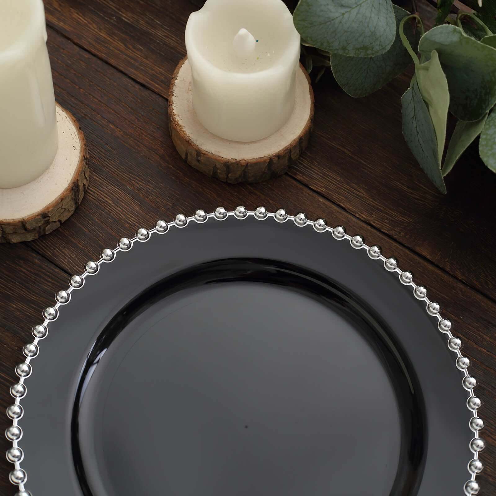 10 Pack Plastic Dessert Appetizer Plates in Black with Silver Beaded Rim, Disposable Round Salad Party Plates 8" - Image 16