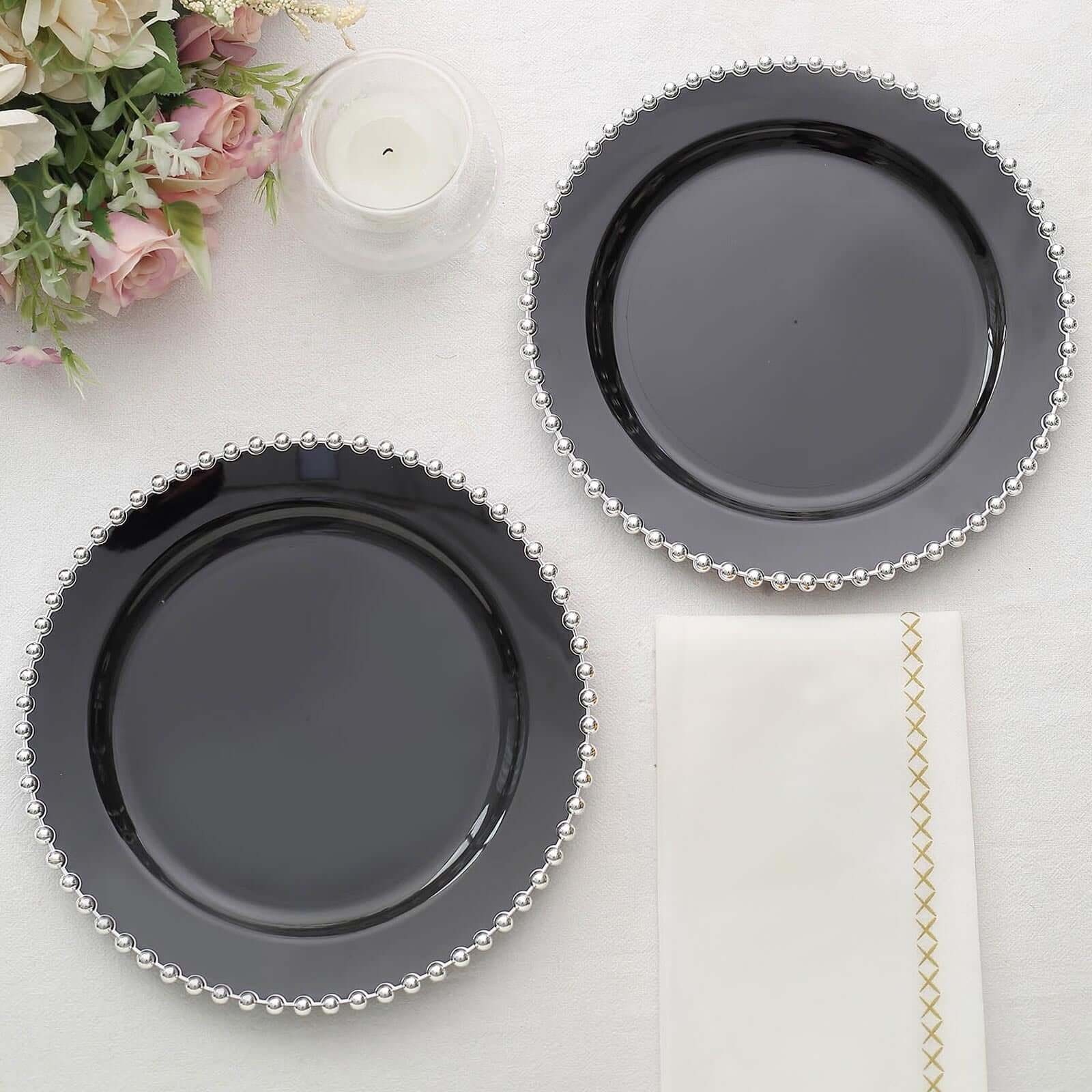 10 Pack Plastic Dessert Appetizer Plates in Black with Silver Beaded Rim, Disposable Round Salad Party Plates 8" - Image 8