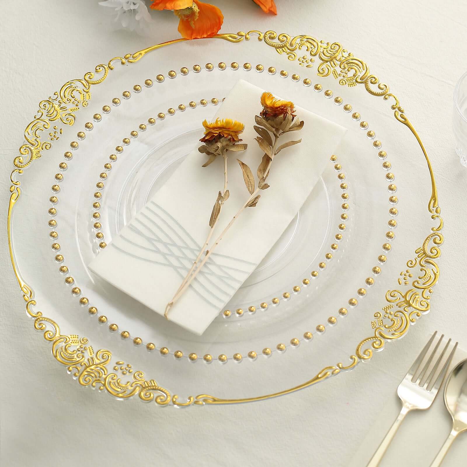 10 Pack Plastic Dessert Appetizer Plates in Clear with Gold Beaded Rim, Disposable Round Salad Party Plates 8" - Image 6