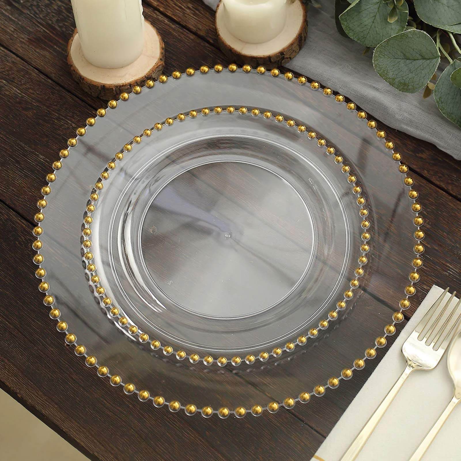 10 Pack Plastic Dessert Appetizer Plates in Clear with Gold Beaded Rim, Disposable Round Salad Party Plates 8" - Image 8